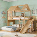 Twin over Full House Bunk Bed with MultiStorage Spaces, Wood Bunk Bed Twin over Full with Playhouse Roof, Slide, and Ladders, L