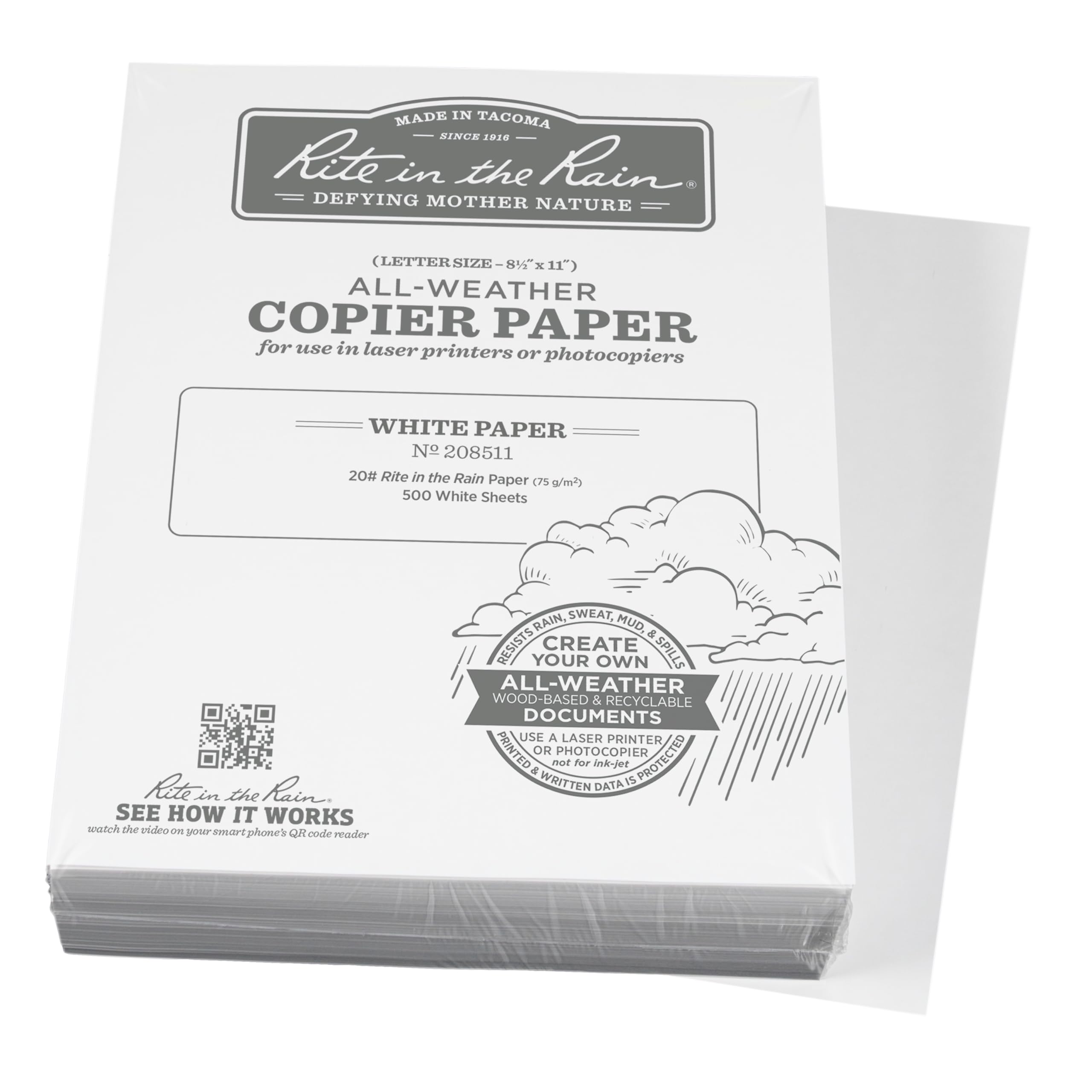 Rite In The Rain Weatherproof Bulk Copier Paper, 8.5' X 11', 20# White, 500 Sheet Pack (No. 208511X)