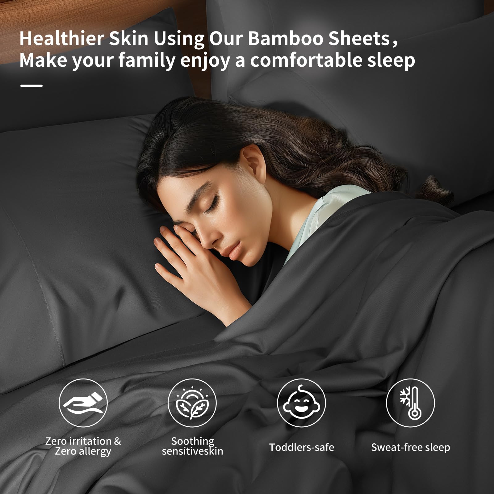 Shilucheng 6 Piece Queen Sheet Sets, Cooling Sheets, Blend Rayon Derived From Bamboo, Deep Pocket Up To 16', Breathable & Soft Bed Sheets, Hotel Silky Bedding Set, Black