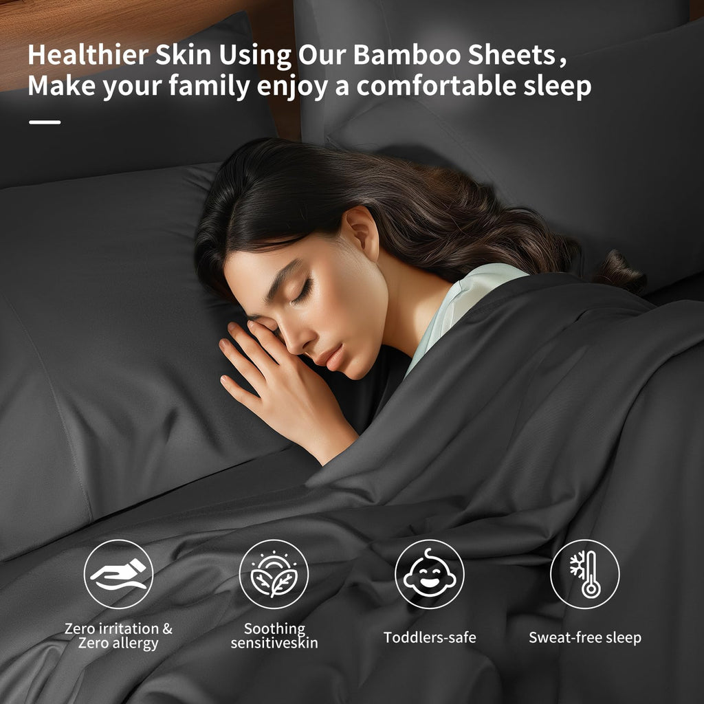 Shilucheng 6 Piece Queen Sheet Sets, Cooling Sheets, Blend Rayon Derived From Bamboo, Deep Pocket Up To 16', Breathable & Soft Bed Sheets, Hotel Silky Bedding Set, Black