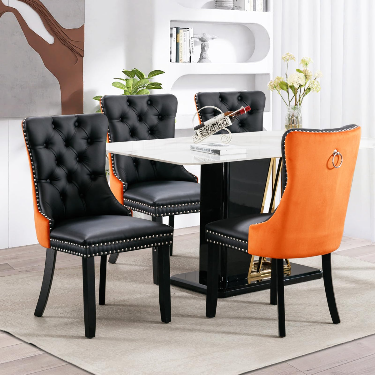 Soarflash Leather Dining Chairs Set Of 4, Tall Back Side Chair, Modern Upholstered Side Chair With Button Back Ring, Solid Wood