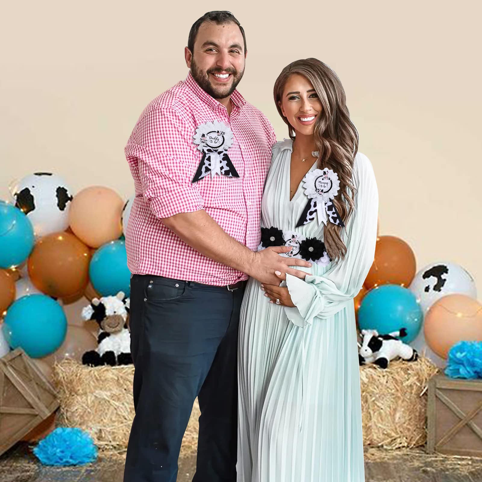 Joymemo Cow Baby Shower Sash - Maternity Sash Kit With Mom To Be Dad To Be Corsage Pins, Cow Gender Reveal Pregnancy Flower Bell