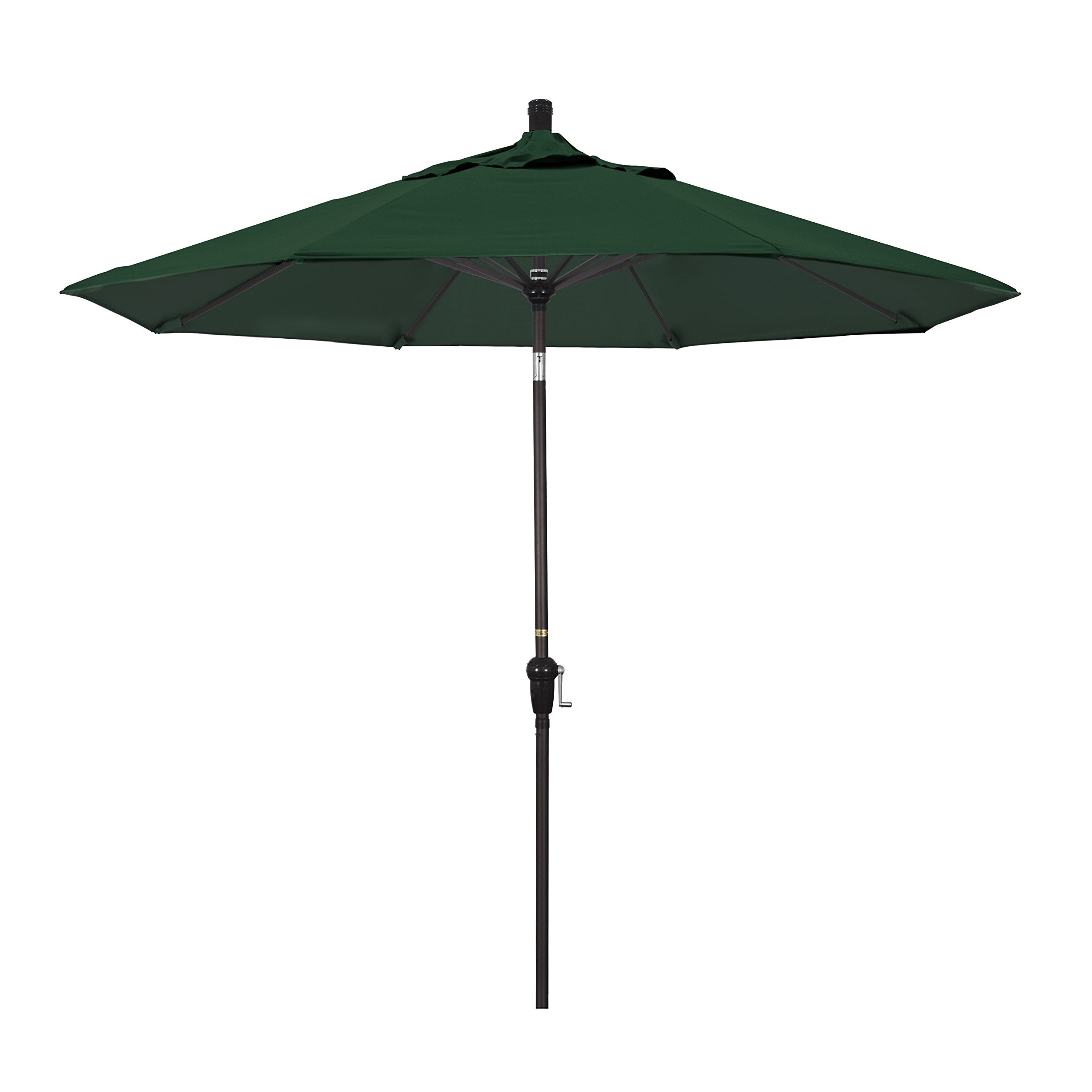 California Umbrella 9' Round Aluminum Market Umbrella, Crank Lift, Auto Tilt, Bronze Pole, Sunbrella Forest Green