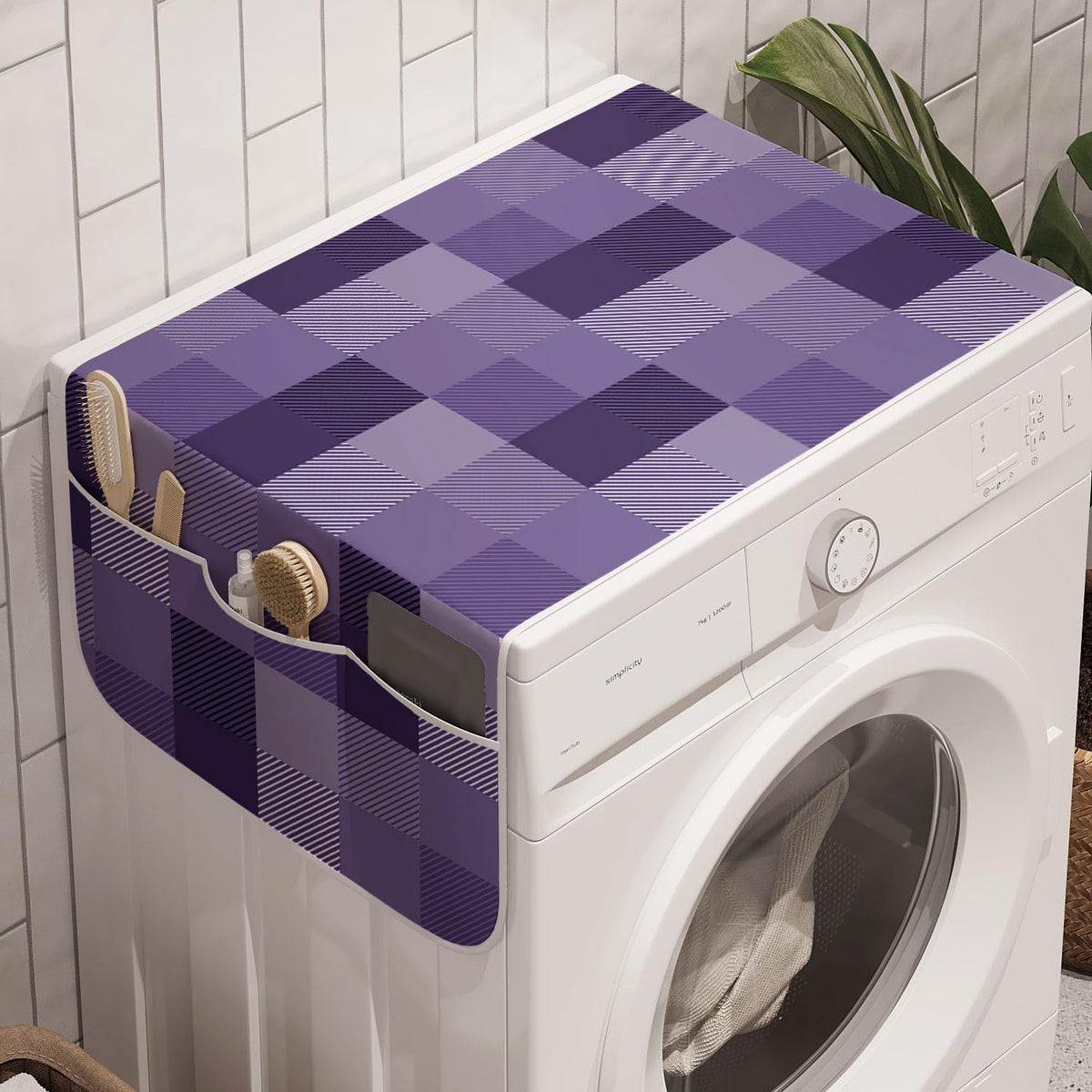 Ambesonne Abstract Washing Machine Organizer Pack Of 2, Plaid Print Stripe Details A Monochrome Layout, Anti-Slip Cover For Wash