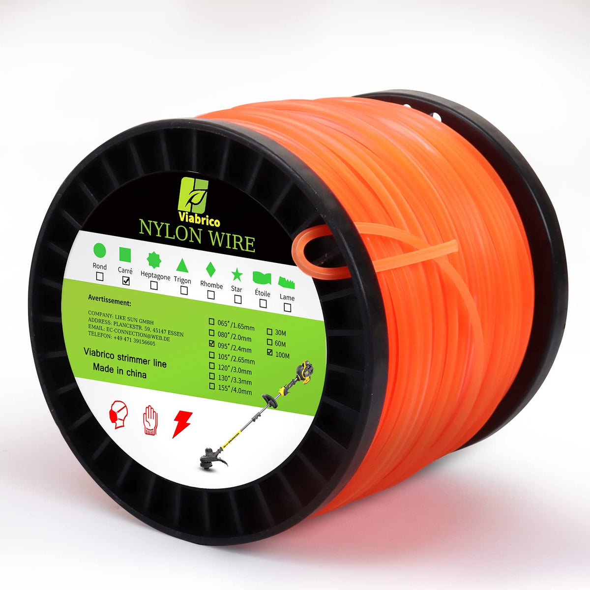 Viabrico String Trimmer Line, Square Orange Heavy Duty Weed Eater String, Premium Nylon Universal 0.095' X 1.7Lb, 330Foot