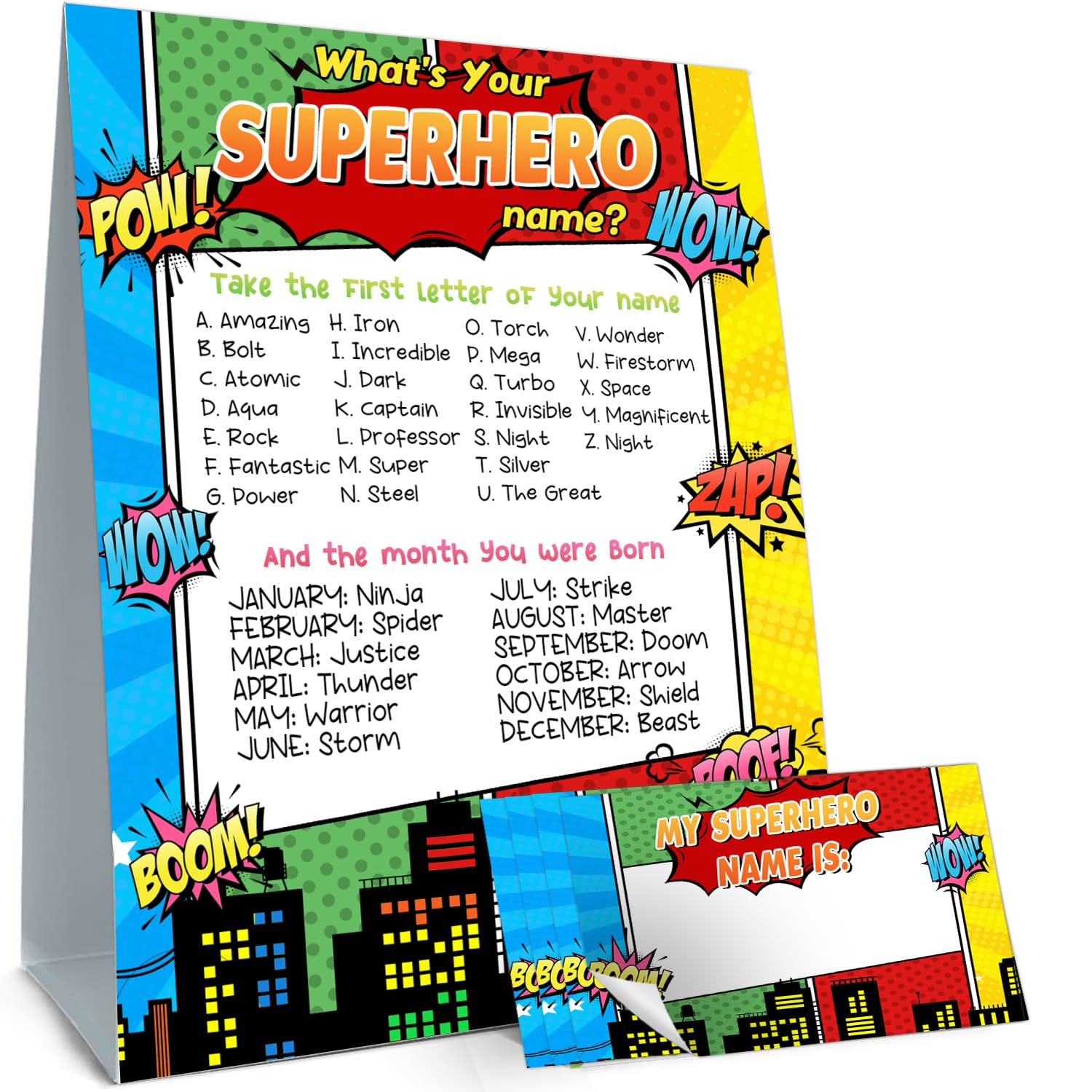 cidobi What s Your Superhero Name Game, Birthday Party Game Set, Including 1 Superhero Name Game Double Sided Sign and 30 Stick