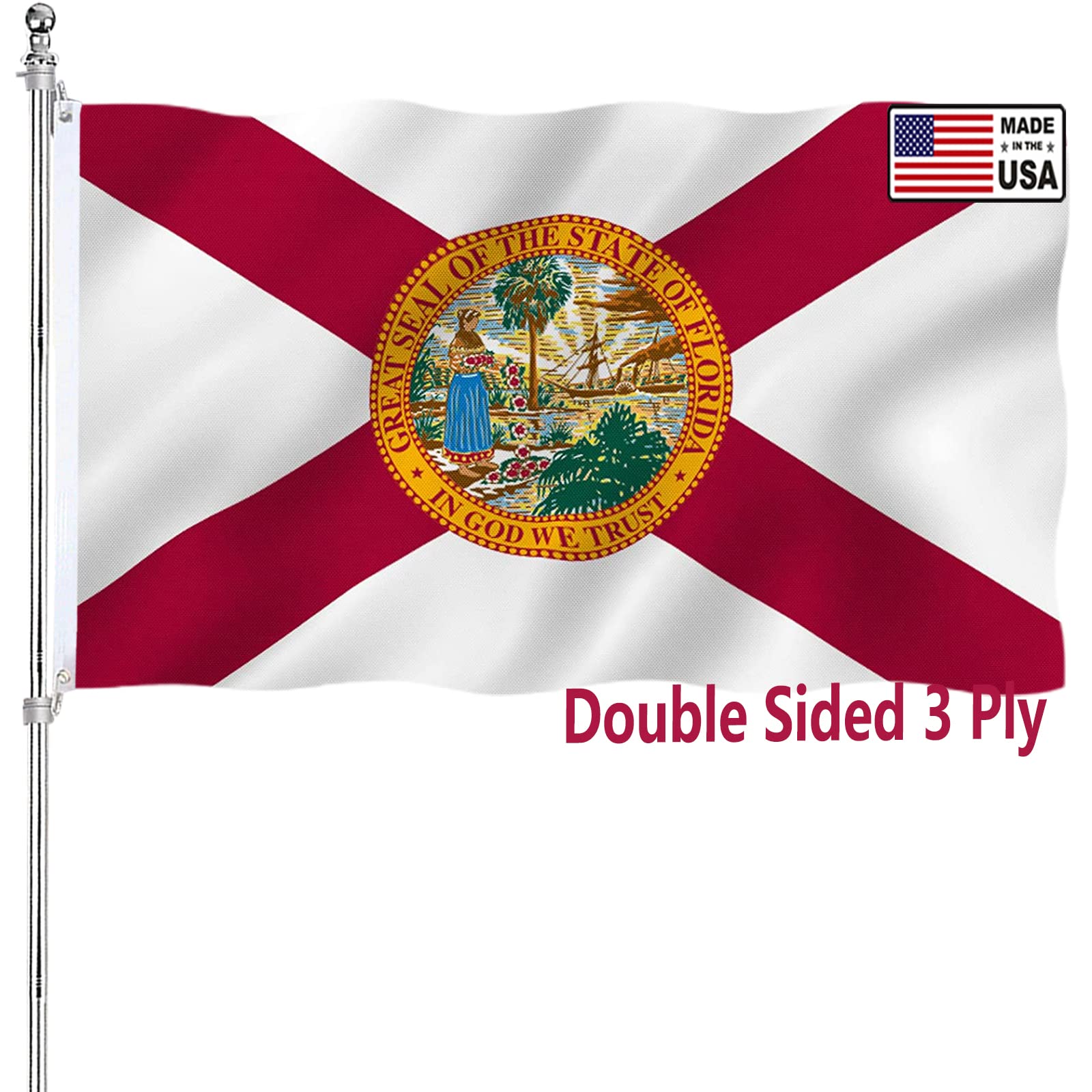 Arsof Florida State Flag 3X5 Double Sided Outdoor Heavy Duty 3 Ply With Durable Canvas Header And 2 Brass Grommets Vivid Colors