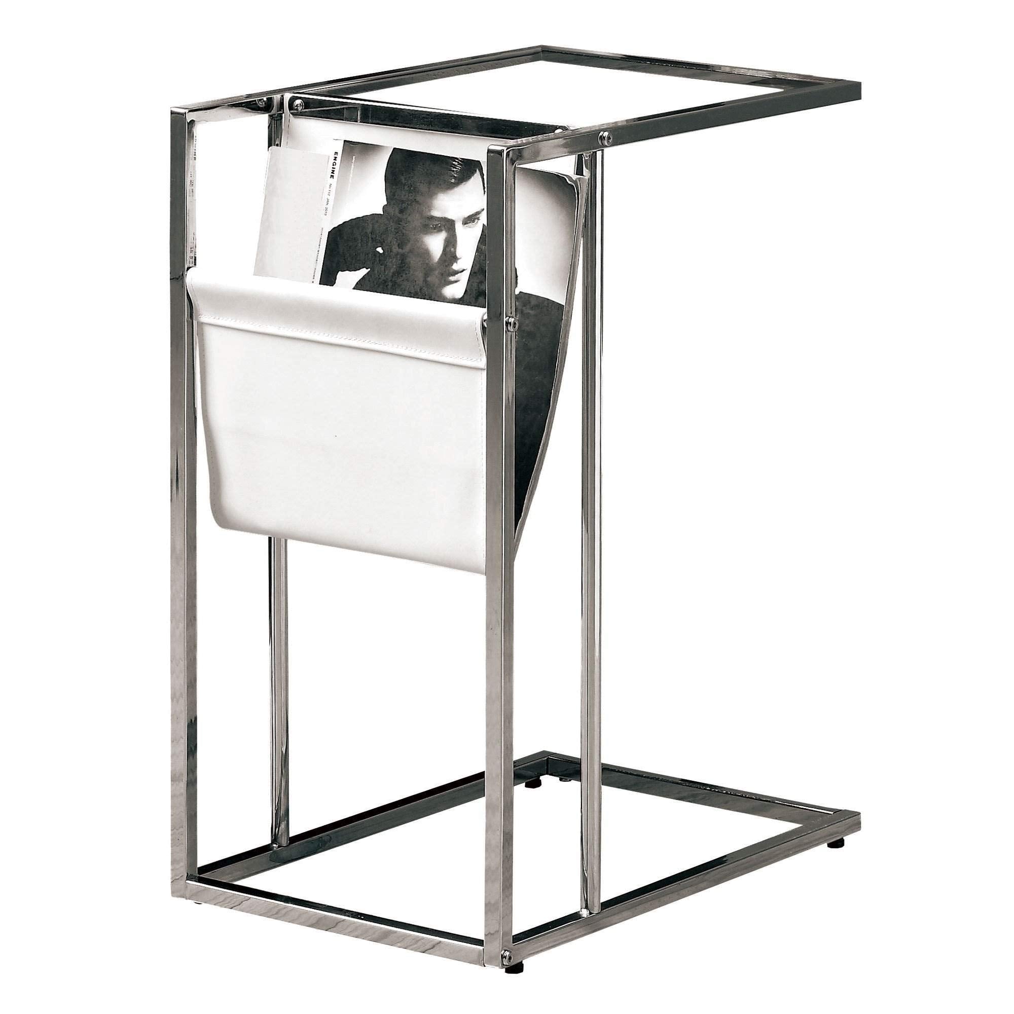 Monarch Specialties 3034, C-Shaped, End, Side, Snack, Storage, Living Room, Bedroom, Pu Leather Look, Clear Accent Table Chrome Metal With A Magazine Rack, 12&quot; L X 19.5&quot; W X 24&quot; H, Glossy White