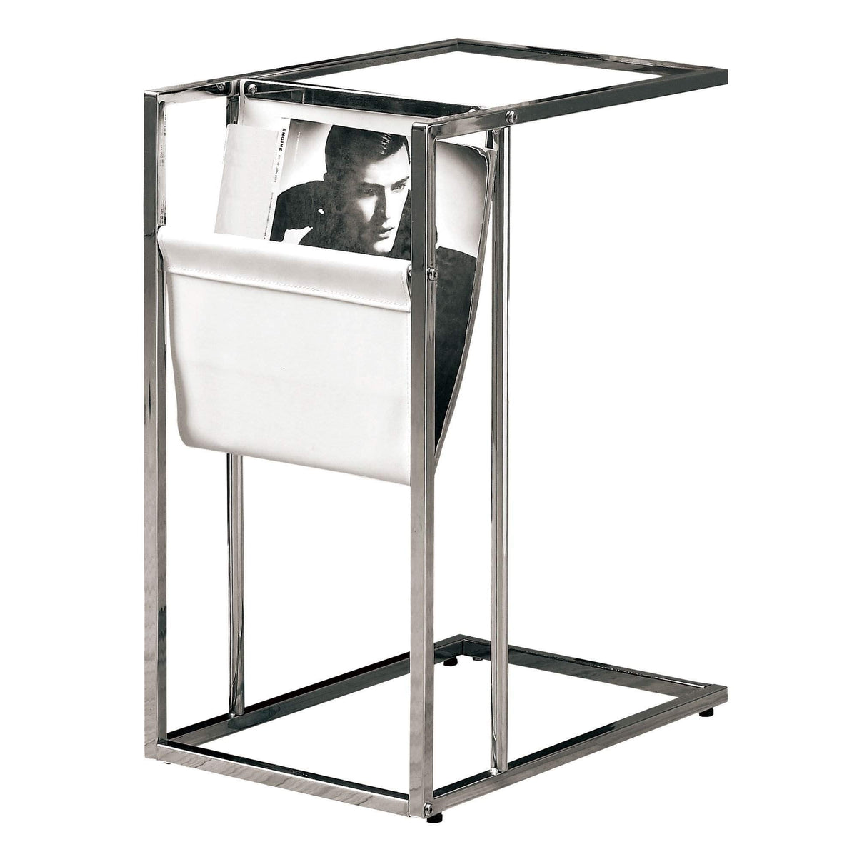 Monarch Specialties 3034, C-Shaped, End, Side, Snack, Storage, Living Room, Bedroom, Pu Leather Look, Clear Accent Table Chrome Metal with A Magazine Rack, 12' L x 19.5' W x 24' H, Glossy White