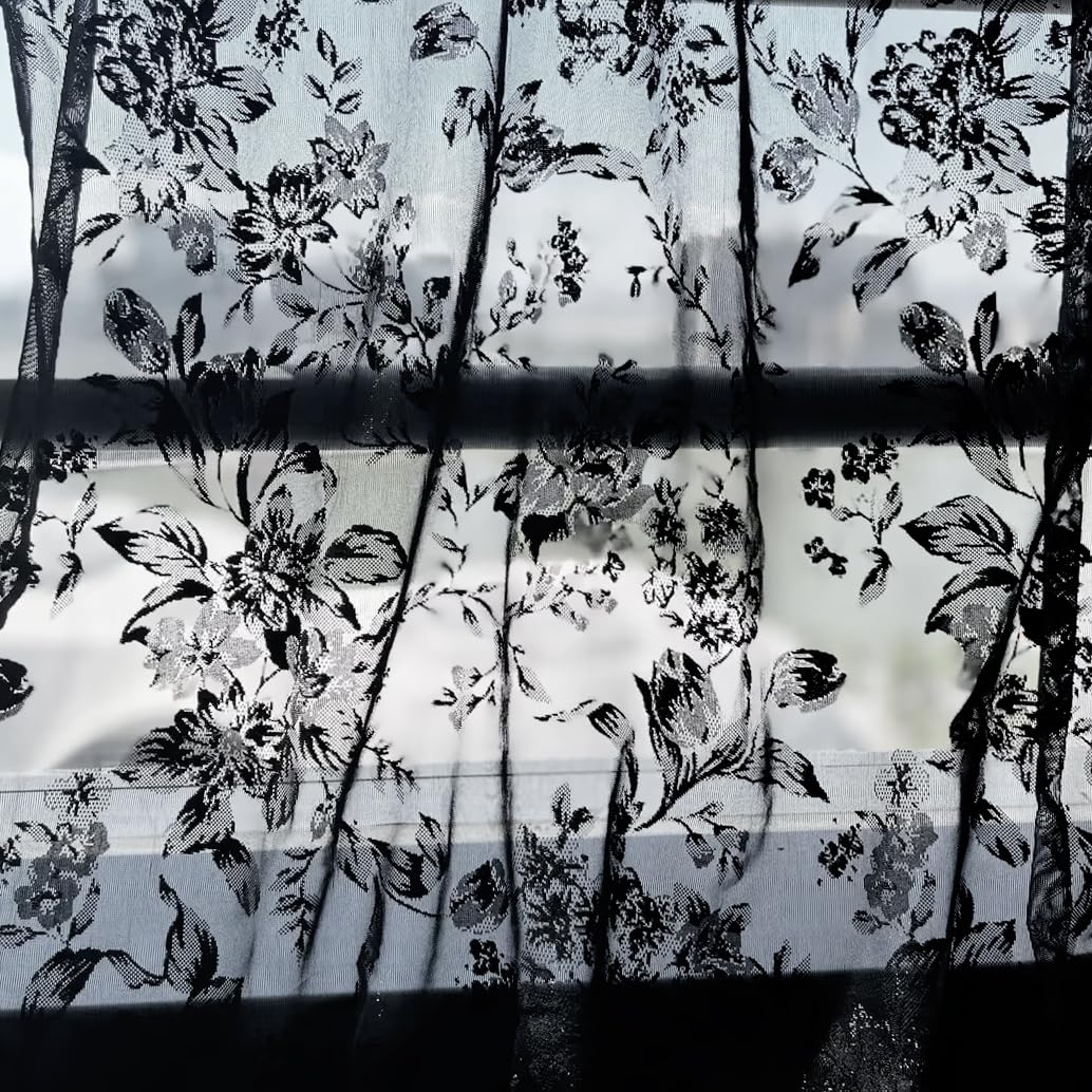 Black Lace Curtains For Living-Room 84 Inch Length, Fine Rose And Leaf Embroidered Light Filtering French Country Curtains For B
