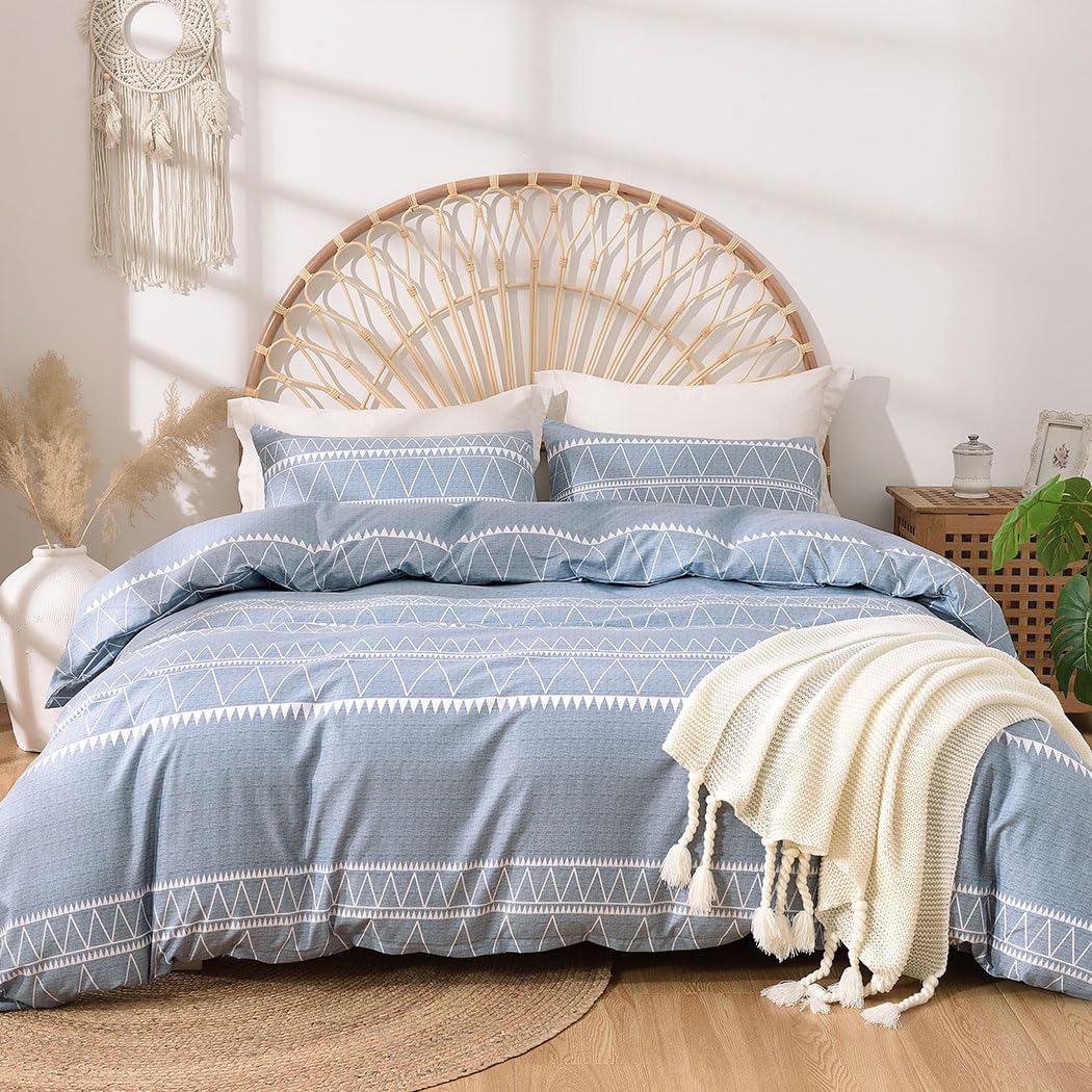 Lekesky Duvet Cover Queen Size, Boho Blue Duvet Cover Queen 3Pc Ultra Soft Microfiber Breathable Bedding Duvet Cover Set With Zi