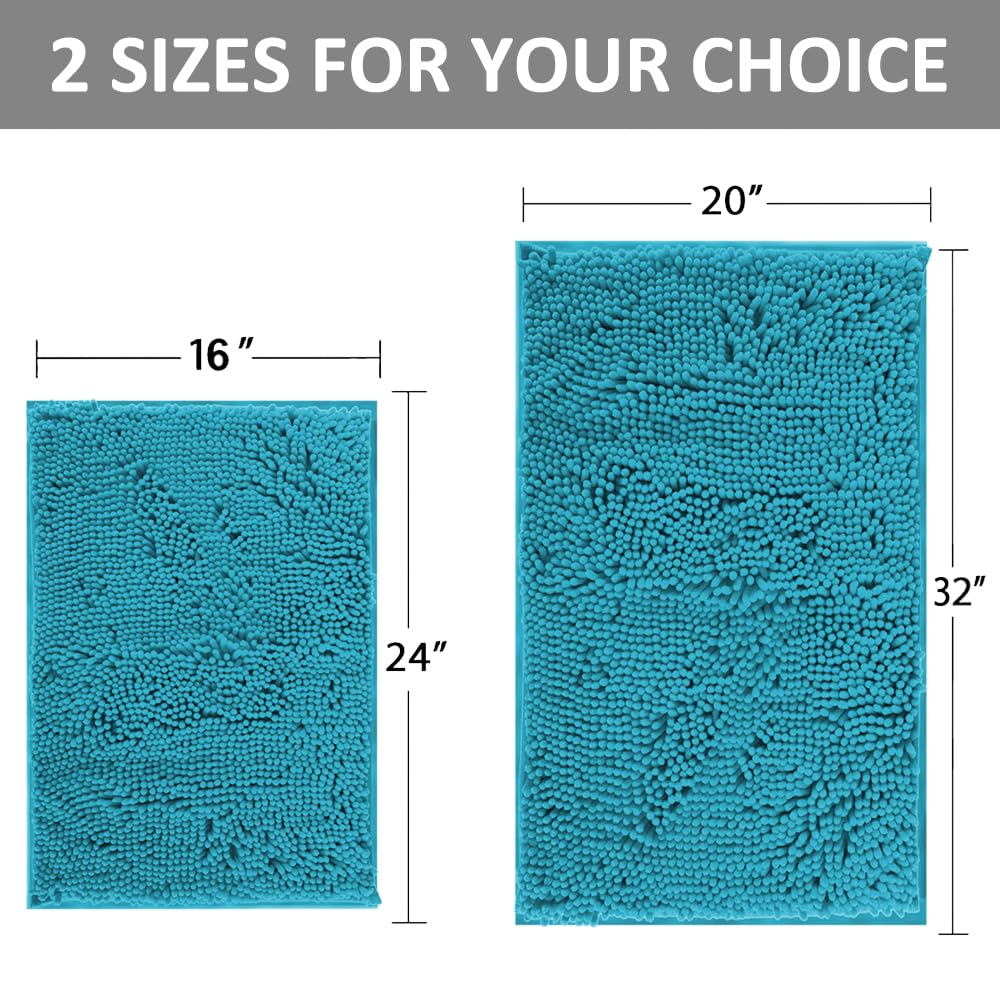 Teal Blue Bathroom Rugs Bath Mats For Bathroom Chenillen Bath Rug Set 2 Piece Non-Slip Bath Mats, Absorbent Shaggy Rugs, Machine