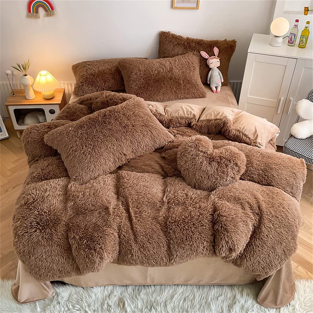 Chovy Faux Fur Plush Coffee Comforter Sets Queen - Ultra Soft Shaggy Flannel Velvet Fluffy Fuzzy 3Pc Bedding Set (Comforter X 1