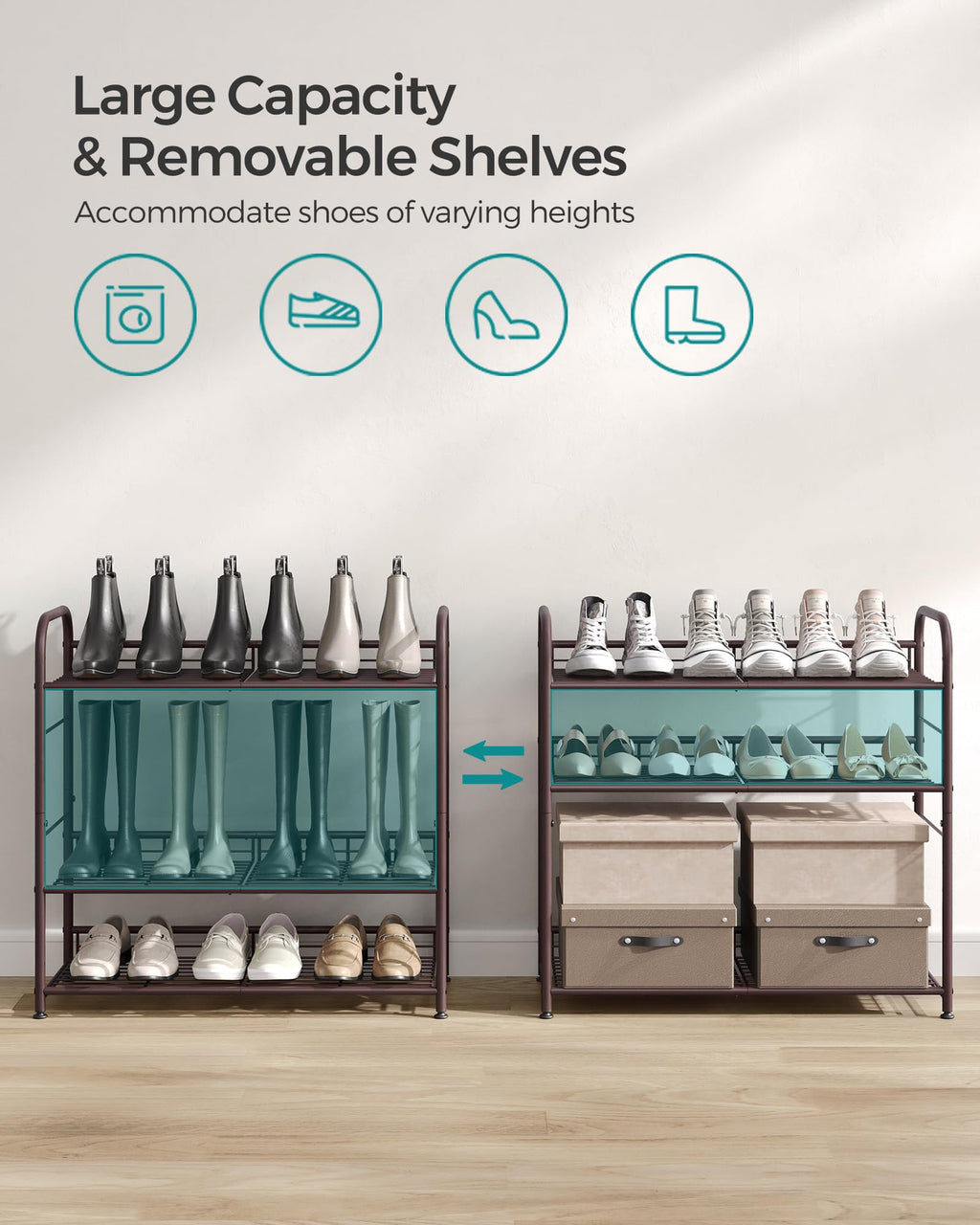Songmics Shoe Rack, 4 Tier Shoe Organizer For Closet, Holds Up To 16 Pairs Of Shoes, Shoe Rack For Front Door Entrance, Metal Shoe Shelf With Adjustable Tilt Angle, For Entryway, Garage, Bronze