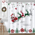 Bonhause Merry Christmas Shower Curtain Red and Green Check Plaid Santa Claus Sleigh Reindeer Decorative Bath Curtain 72 x 72 In