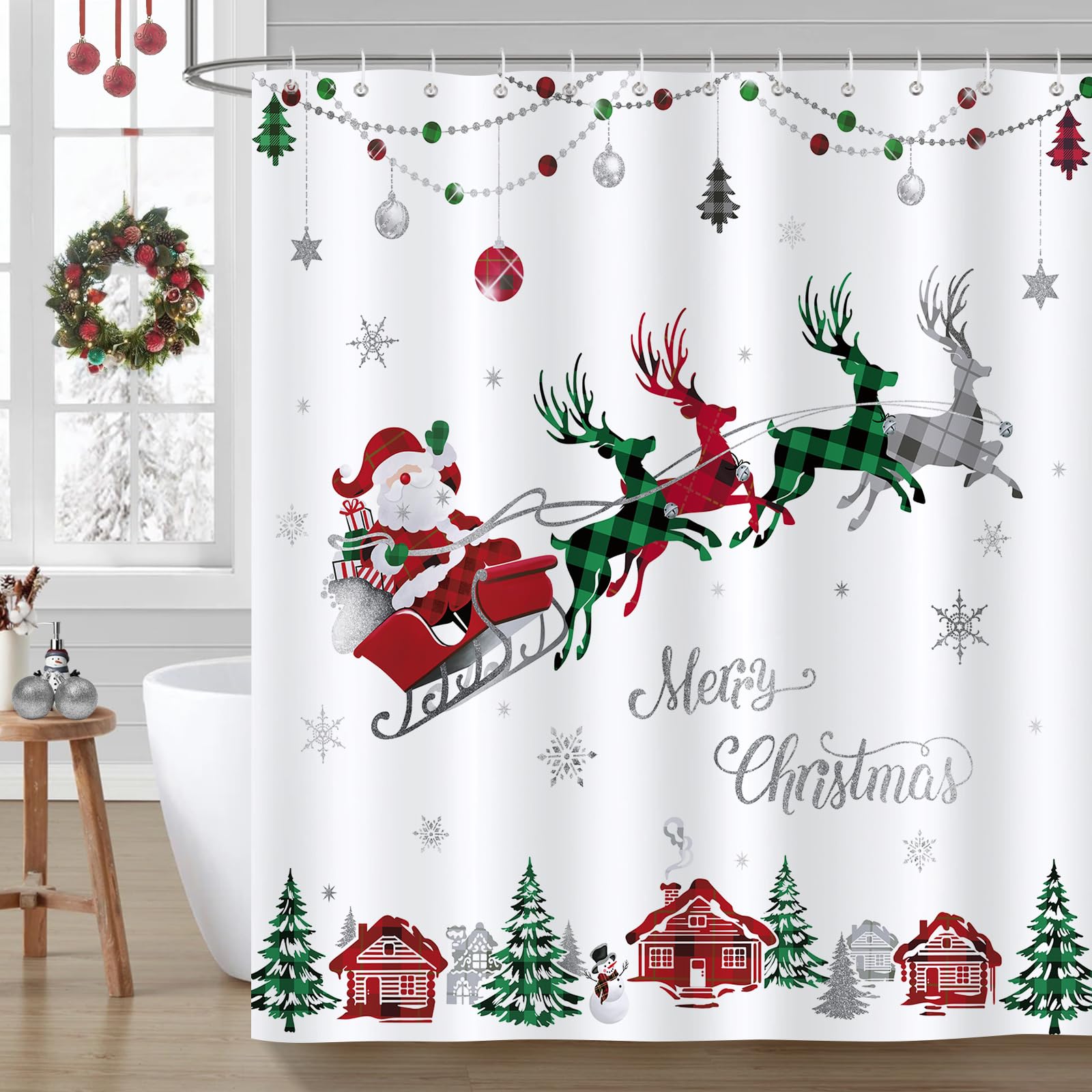 Bonhause Merry Christmas Shower Curtain Red and Green Check Plaid Santa Claus Sleigh Reindeer Decorative Bath Curtain 72 x 72 In