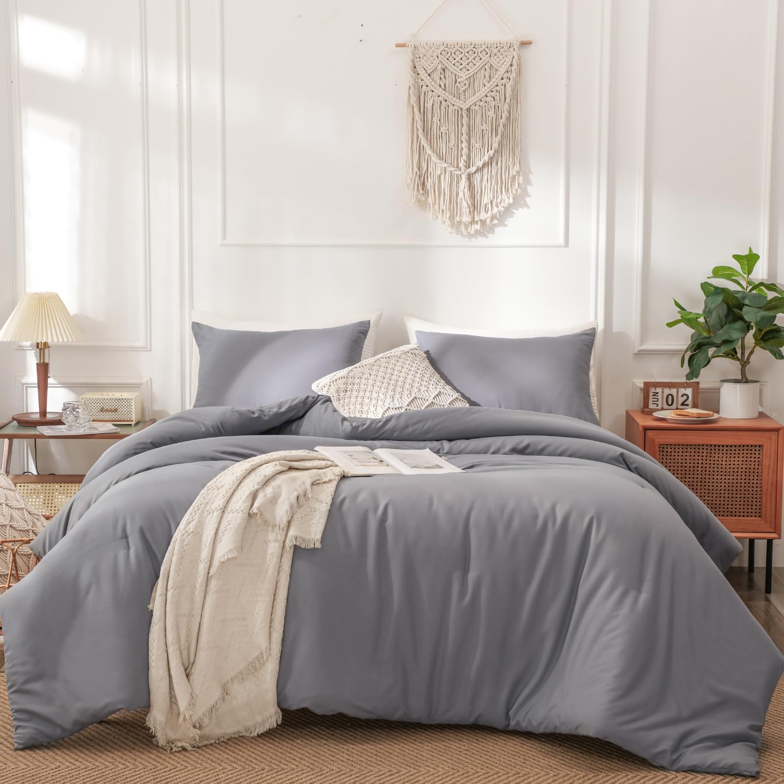 Haowaner Comforter Set, Grey, Queen Size, 3 Pieces Including Comforter And 2 Pillowcases, Non-Migrating Fill, Polyester Microfib