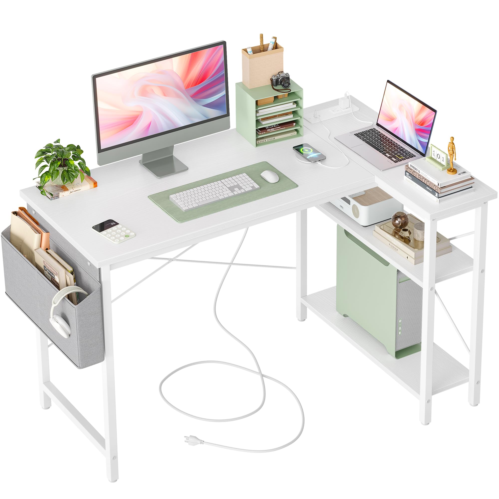 Tiqlab L Shaped Computer Desk With Power Outlets, 47 Inch Small Corner Desk With Reversible Shelves, Gaming Desk Computer Table