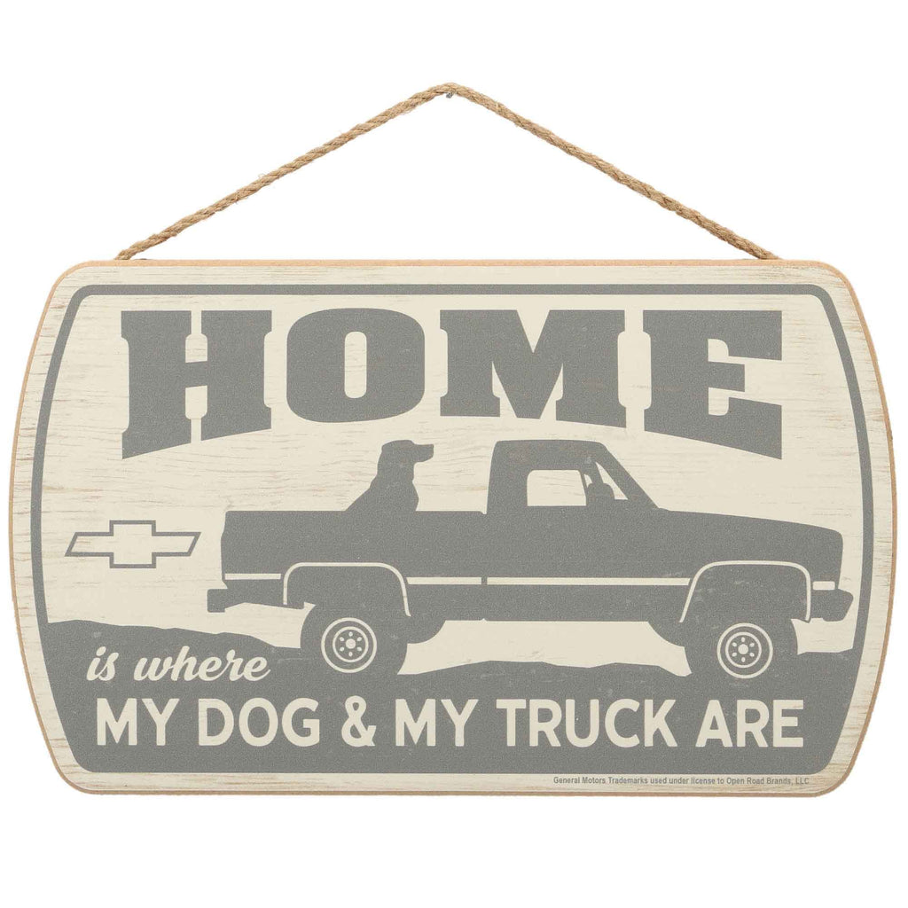 Open Road Brands Chevrolet Hanging Sign - Home is Where My Dog and My Truck are - Chevy Wood Wall Decor for Man Cave or Garage