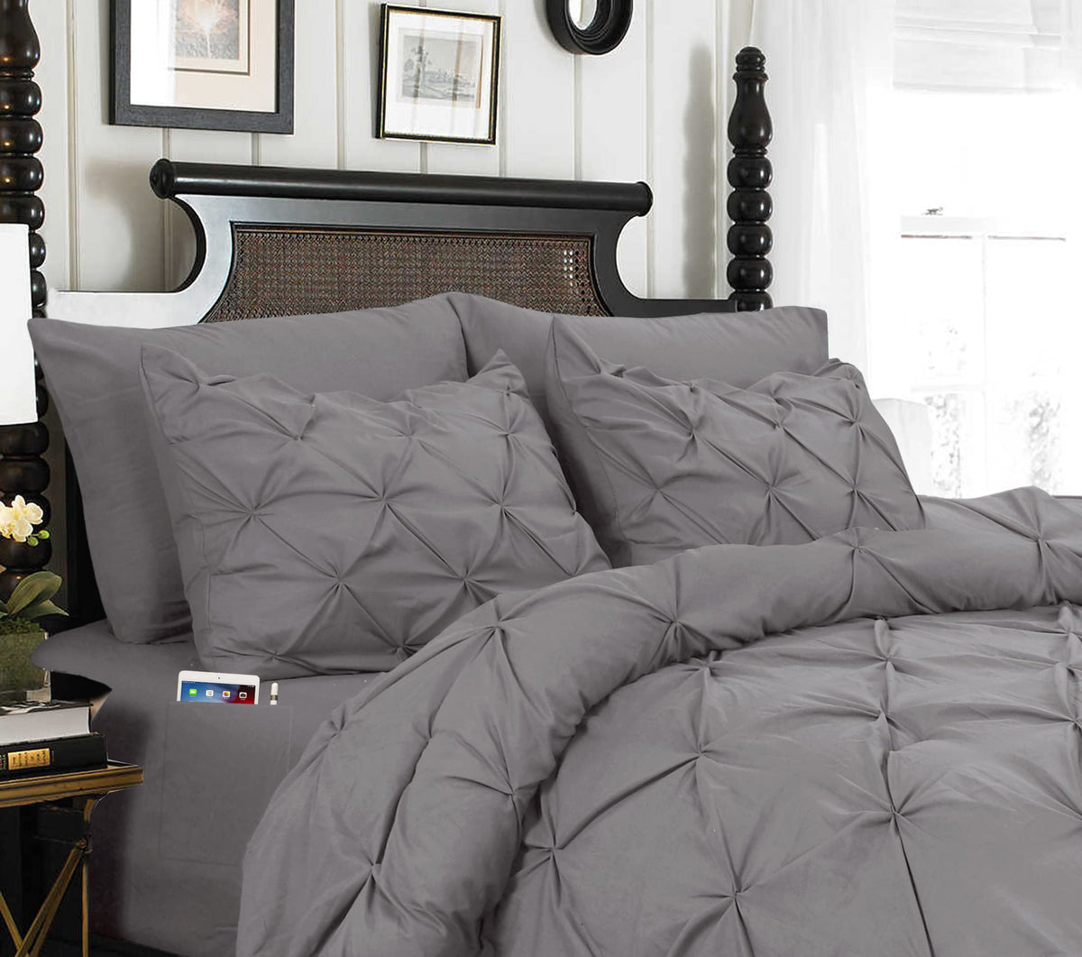 Elegant Comfort 8-Piece Pinch Pleated Comforter Set, Bed-In-A-Bag Silky Soft Set Includes Sheet Set With Storage Pockets, 8Pc Pi