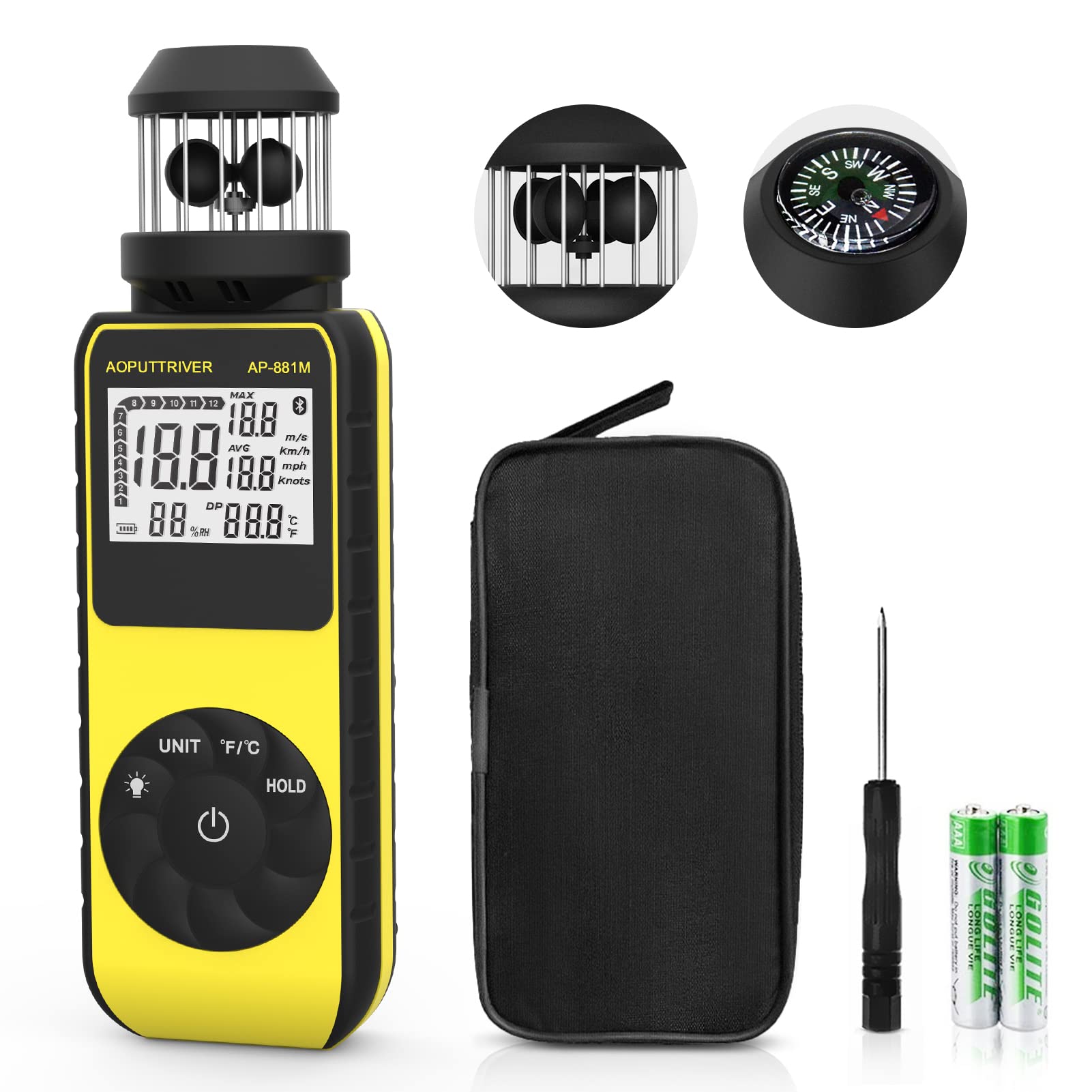 Digital Anemometer Handheld Ap-881M Portable Anemometer With 360Wind Directions Wind Cup Anemometer With Temp(?/?) Measuring Air