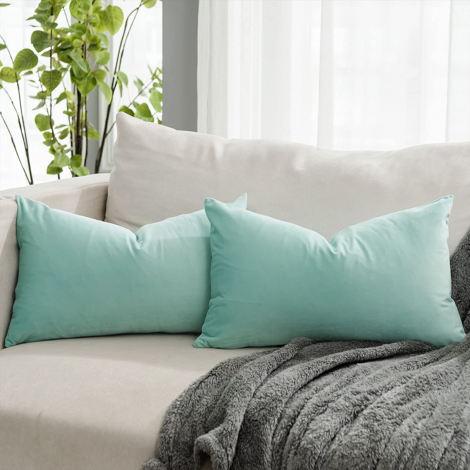 Quafoo Mist Decorative Lumbar Velvet Throw Pillow Covers 16X24 Inch Set Of 2 With Zipper Luxury Soft Solid Rectangle Cushion Cov