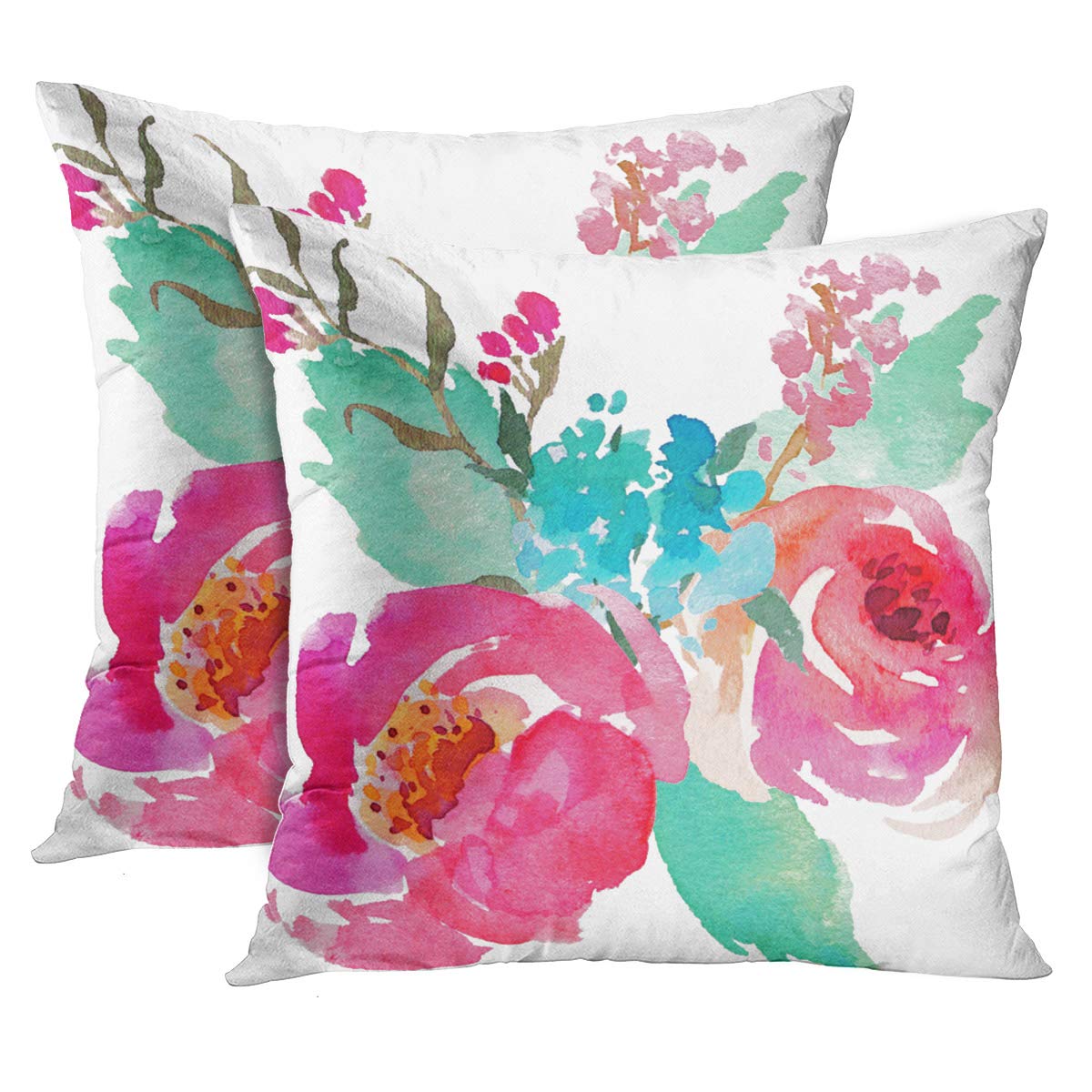 Emvency Set Of 2 Throw Pillow Cover Flowers Watercolor Peonies Pink Turquoise Summer Girly Decorative Pillow Case Home Decor Squ