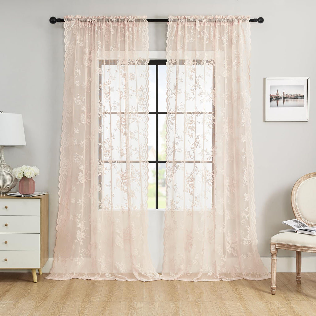 Blush Pink Lace Curtains 108 Inches Long 2 Panels Romantic Floral Sheer Curtains for Living Room Bedroom Rod Pocket Light Filter
