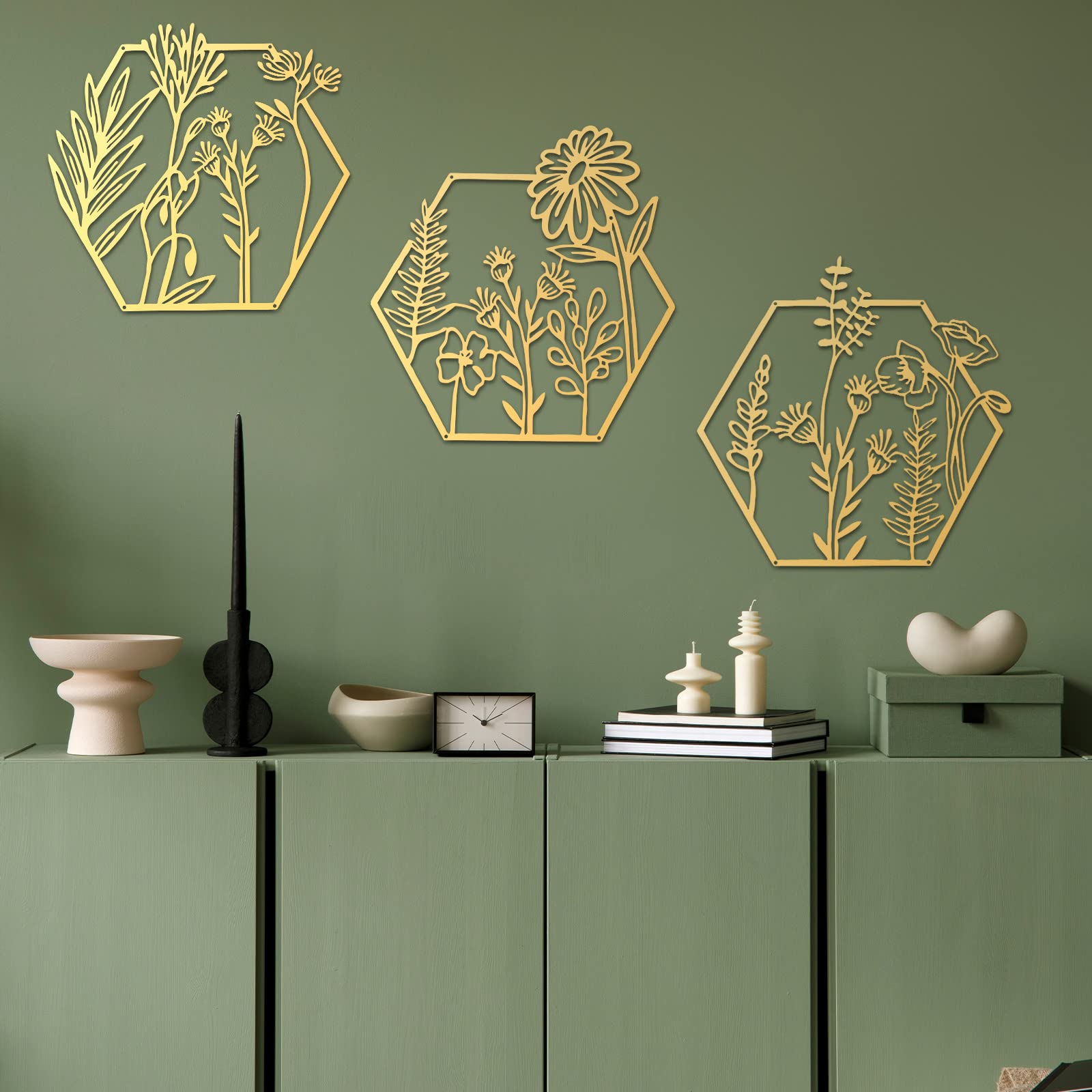 Peryiter 3 Pcs Metal Flower Wall Decor Minimalist Floral Wall Hanging Decor Flower Metal Wall Art Floral Metal Wall Decor for Li