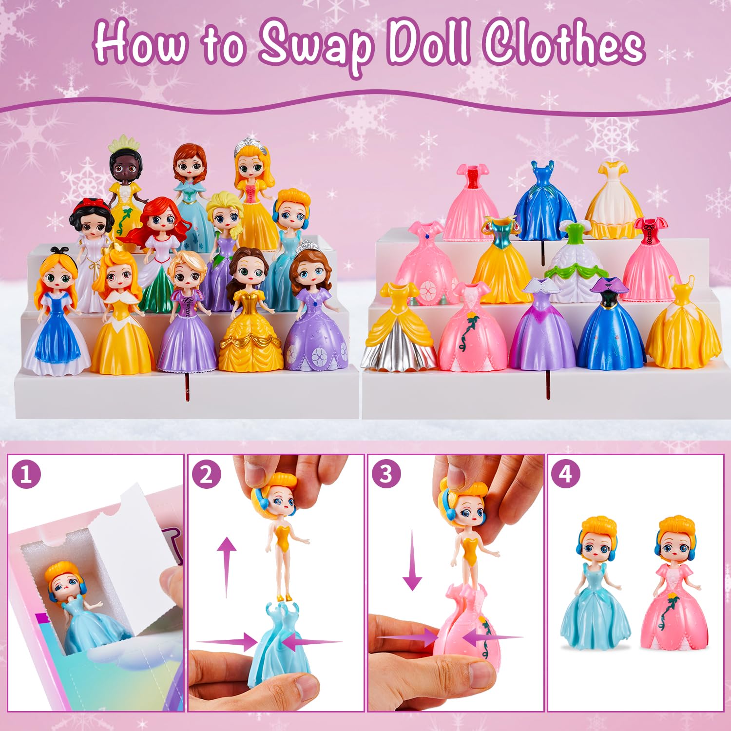 Princess Advent Calendar For Girls, 24 Days Princess Transformable Toys And Clothes Countdown Calendars Xmas Gifts For Girls Age