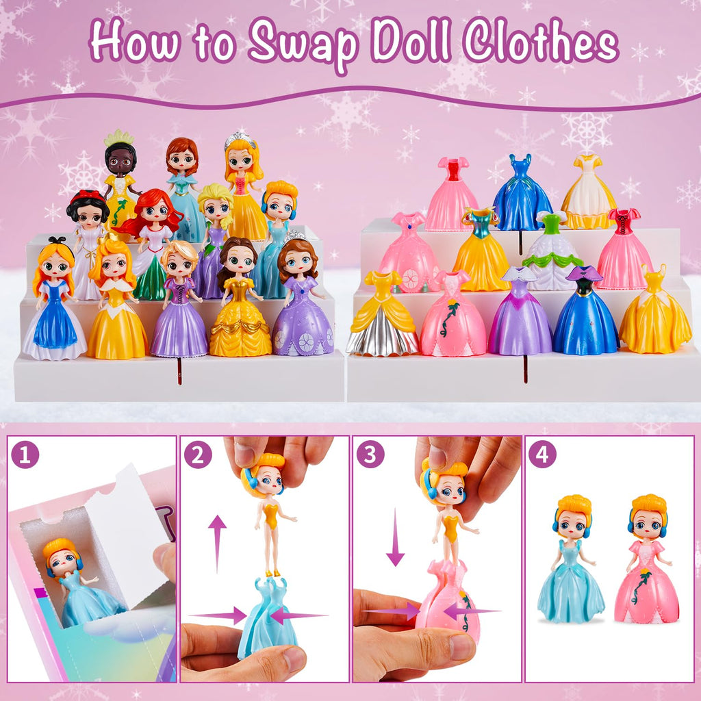 Princess Advent Calendar For Girls, 24 Days Princess Transformable Toys And Clothes Countdown Calendars Xmas Gifts For Girls Age