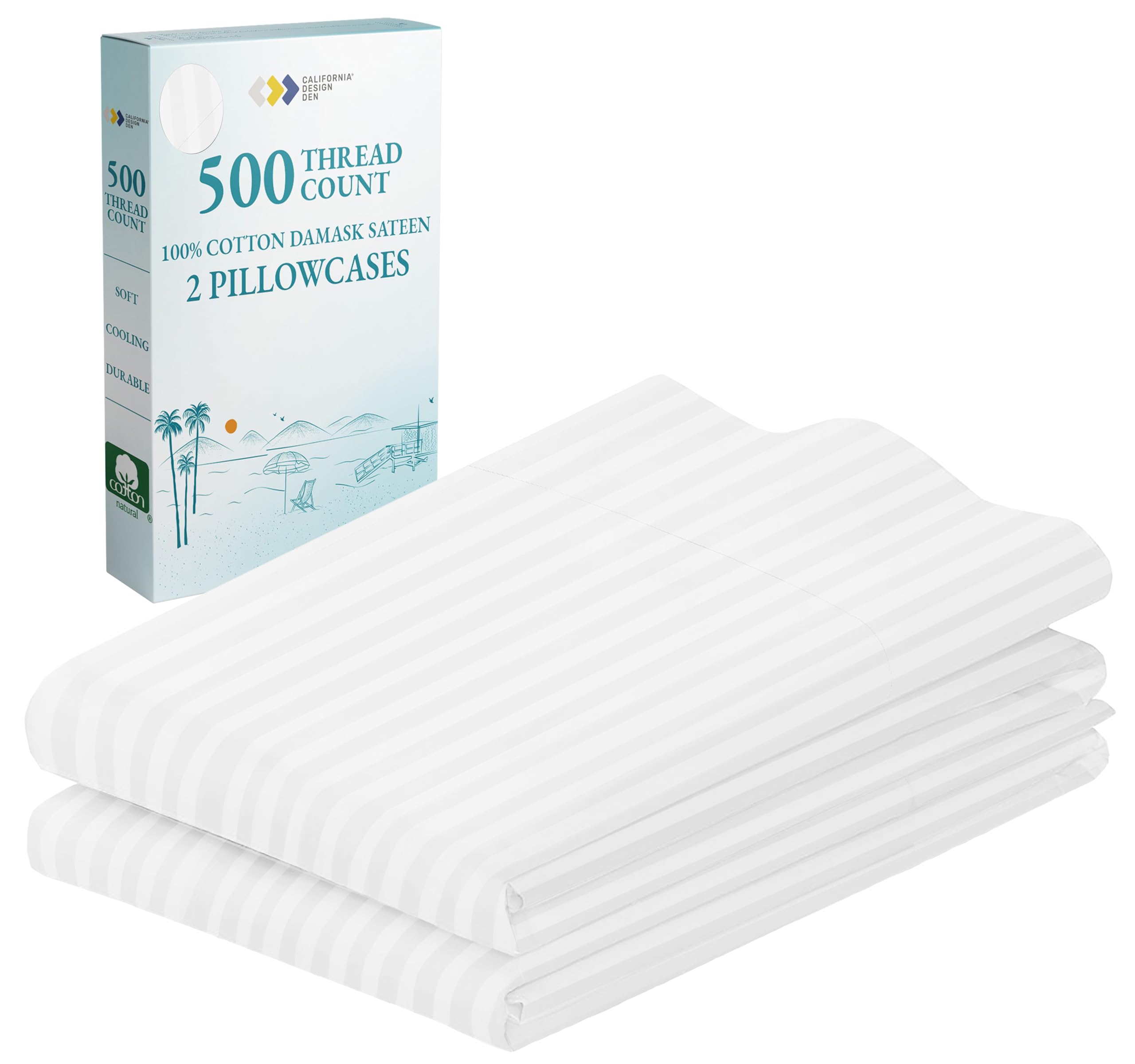 CALIFORNIA DESIGN DEN Soft & Silky 500 Thread Count 100% Cotton is Cool & Smooth, 2 White Standard Pillow Cases Fits Standard & 