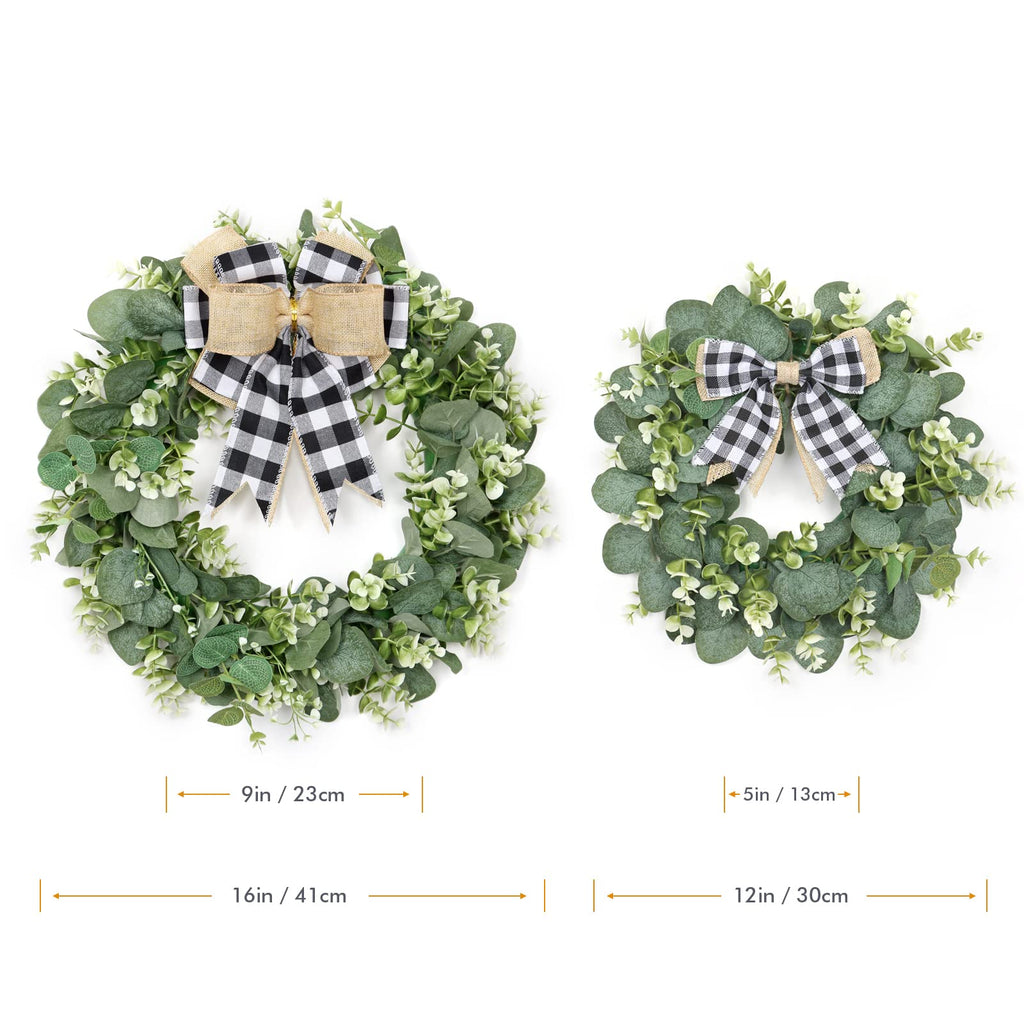 Dremisland Buffalo Plaid Wreath-16 Inch Artificial Eucalyptus Wreath With Plaid Bow | Spring Summer Fall Wreath For Front Door F