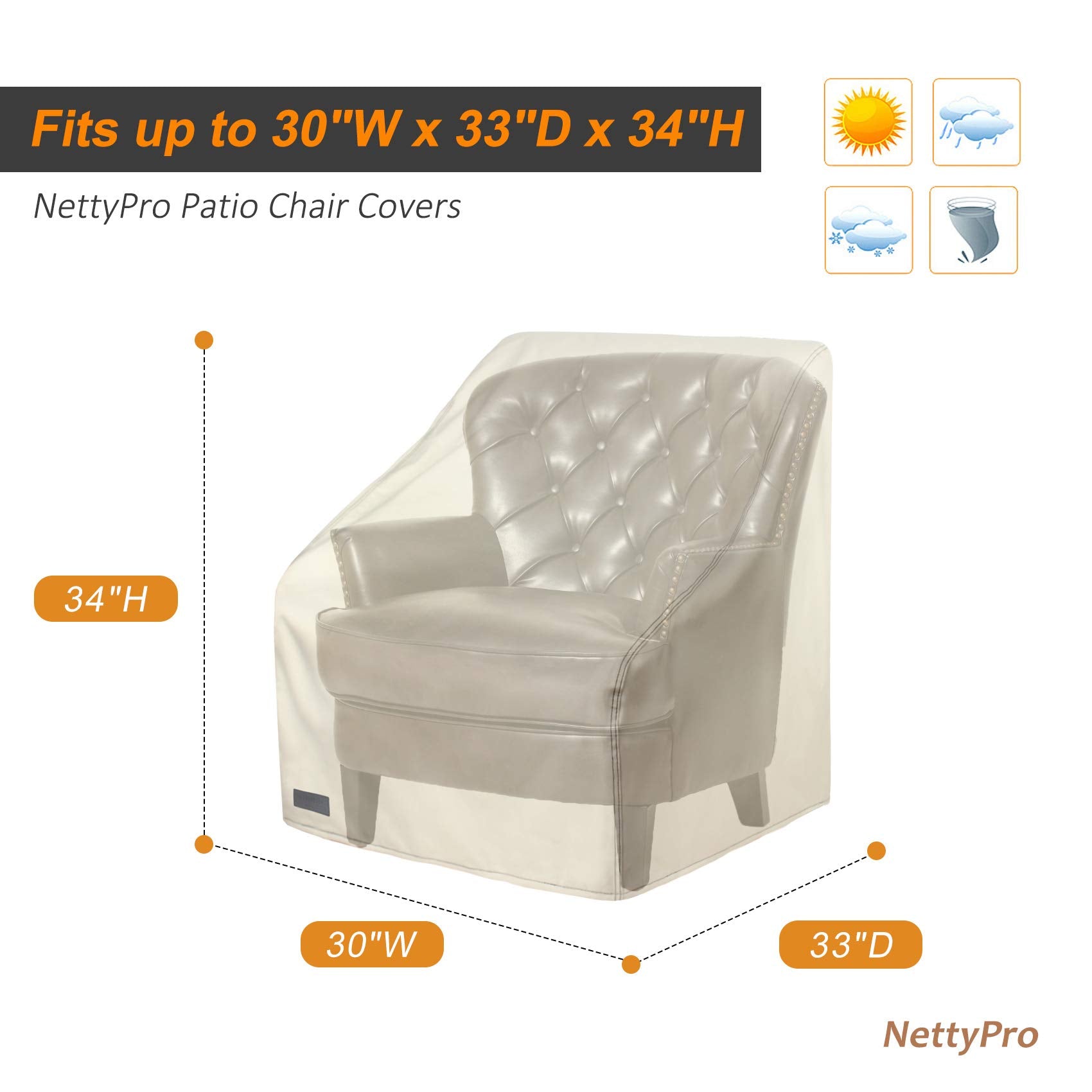 Nettypro Patio Chair Covers For Outdoor Furniture 4 Pack, Waterproof Heavy Duty Lawn Patio Furniture Cover Deep Seat Dining Chair Covers, 30W X 33D X 34H Inches, Beige