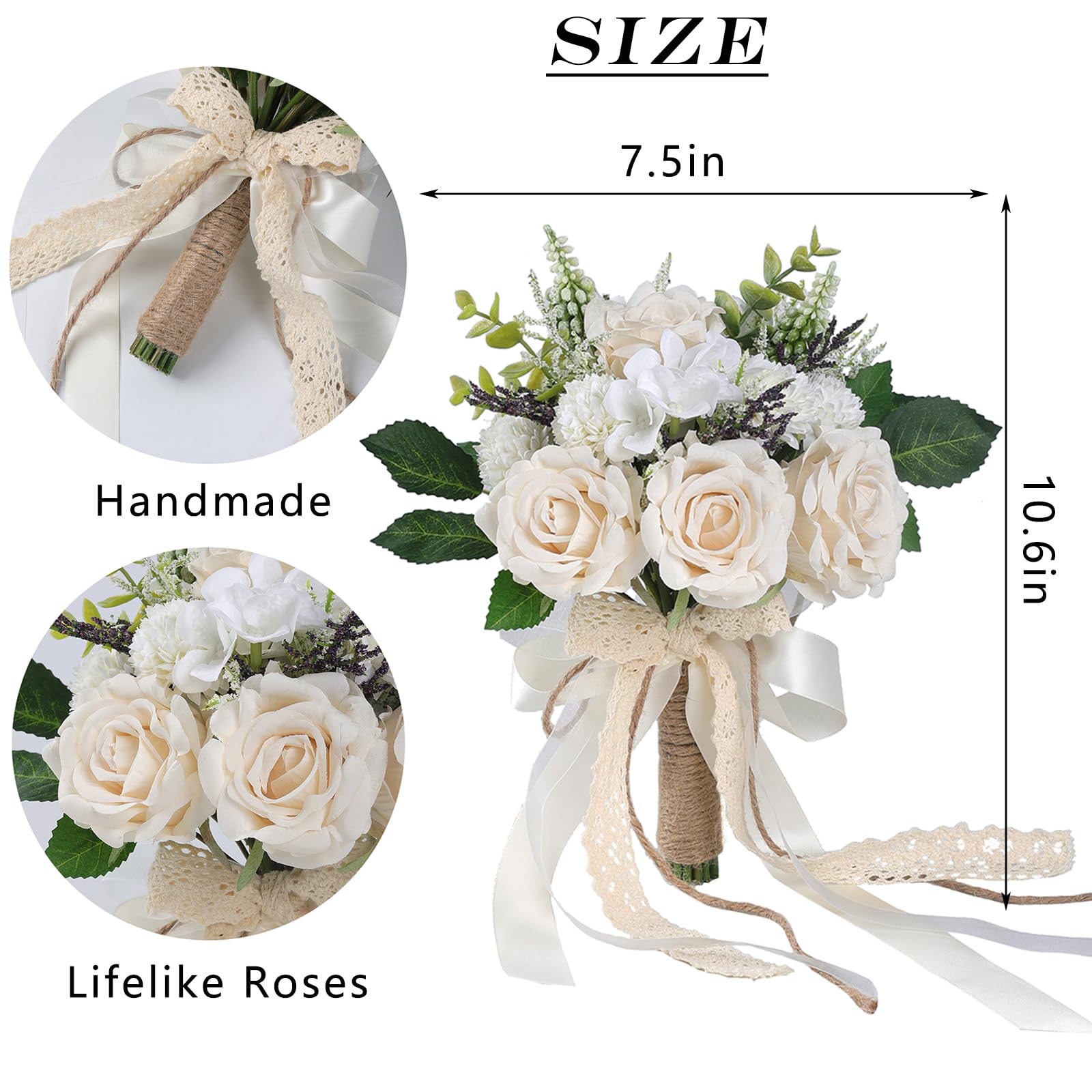 Glidlion Wedding Bouquets For Bride Bridesmaid,White Champagne Artificial Roses Flowers For Wedding Church Decoration (7.5In)
