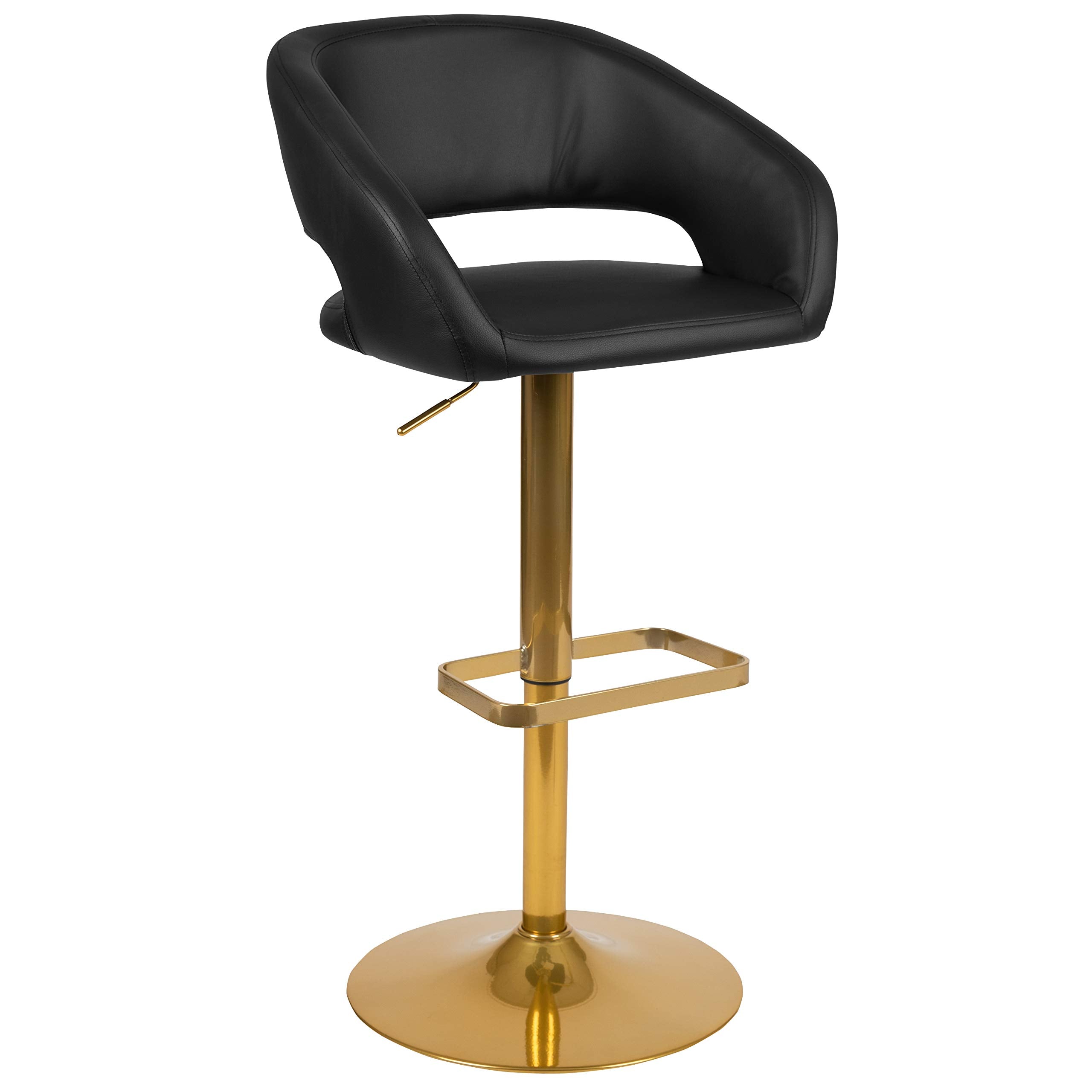 Flash Furniture Erik Contemporary Adjustable Height Barstool With Footrest And Rounded Mid-Back, Upholstered Bar Or Counter Height Stool, Black/Gold