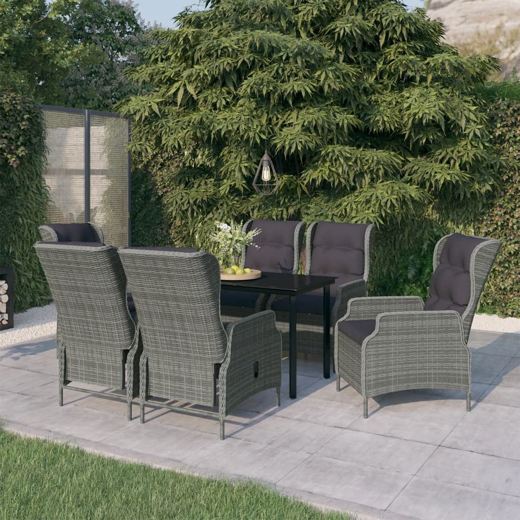 vidaXL 7 Piece Patio Dining Set with Reclining Chairs and Glass Tabletop - Outdoor Garden Furniture Set in Light Gray PE Rattan and Black Cushions