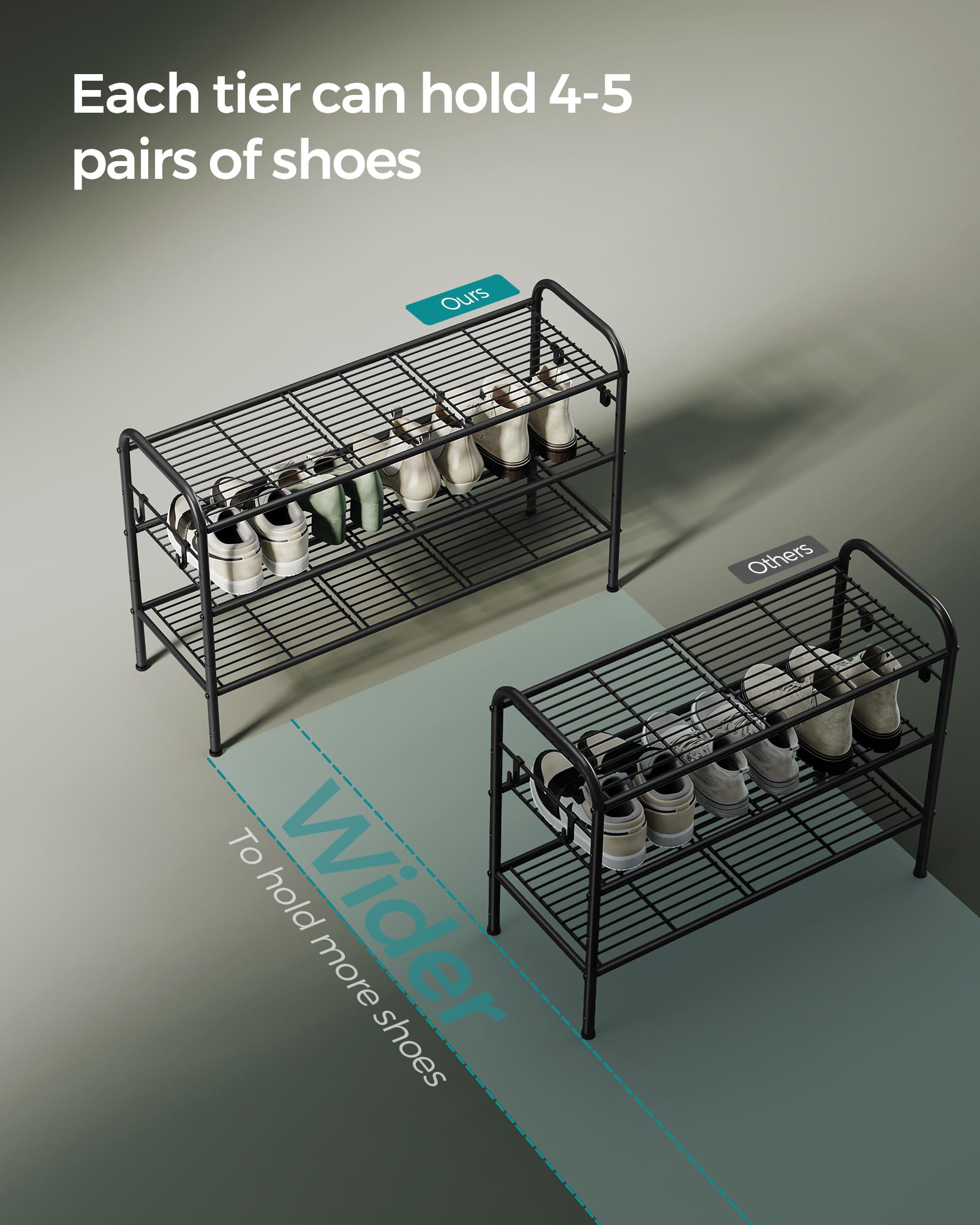 Songmics Shoe Rack, 3-Tier Shoe Organizer, Metal Shoe Shelf Storage With 4 Side Hooks, Holds 15 Pairs Of Shoes, Height-Adjustable Shoe Rack For Entryway, Hallway, Closet, Easy Assembly, Ink Black