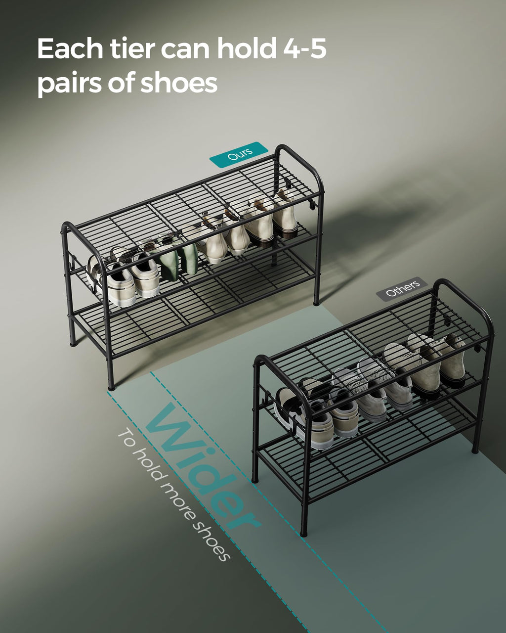Songmics Shoe Rack, 3-Tier Shoe Organizer, Metal Shoe Shelf Storage With 4 Side Hooks, Holds 15 Pairs Of Shoes, Height-Adjustable Shoe Rack For Entryway, Hallway, Closet, Easy Assembly, Ink Black