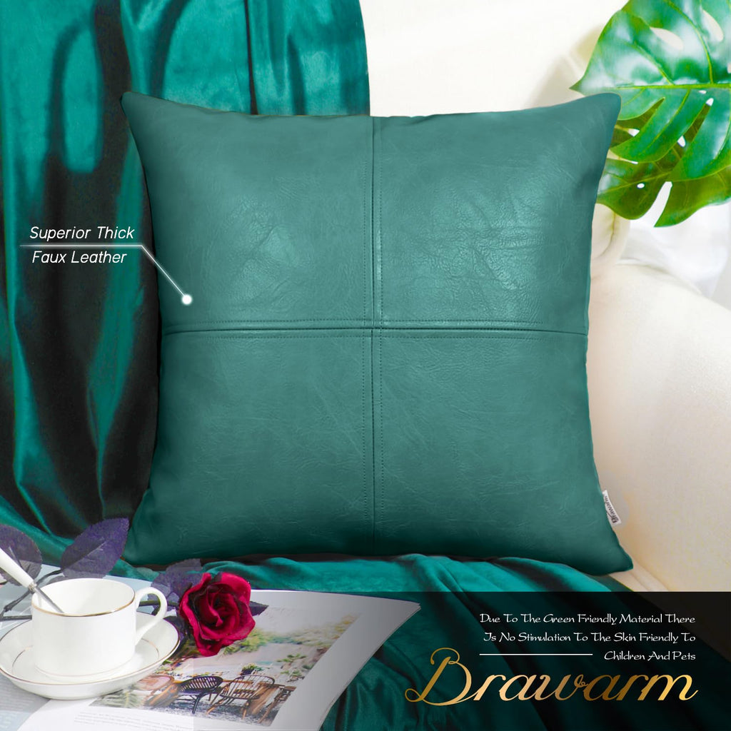Brawarm Faux Leather Throw Pillow Covers 18 X 18 Inches, Teal Leather Pillow Cover, Hand Stitched Leather Decorative Pillow Cove