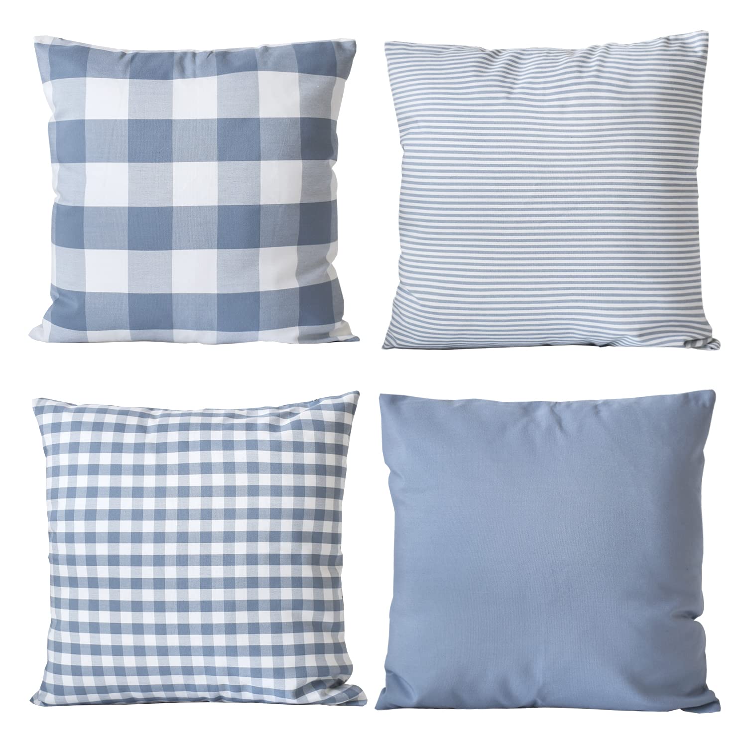Hoplee Light Blue Pillow Cover Cushion Cover With Buffalo Plaid, Solid Light Blue, Striped And Gingham Plaid Design 22X22 Inches