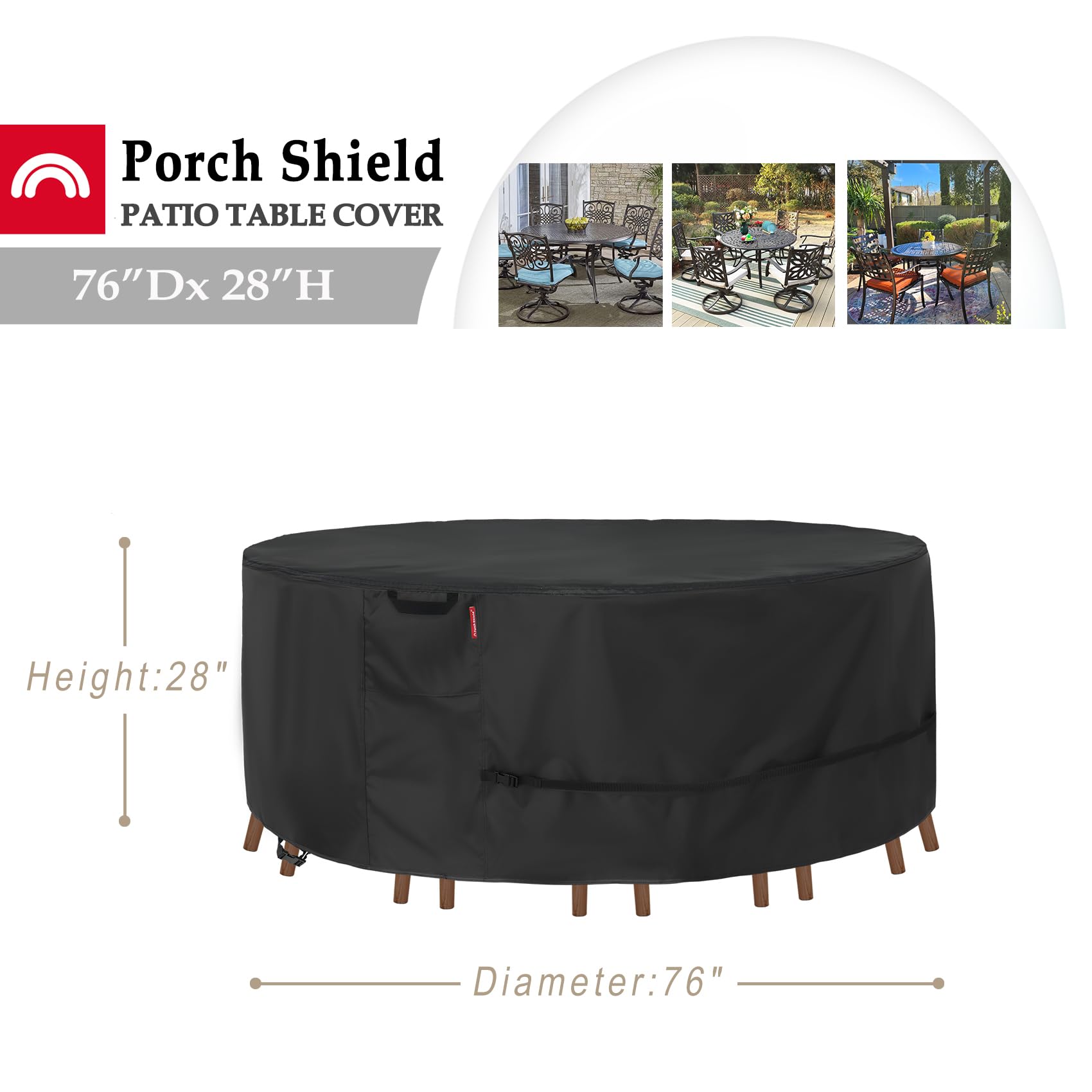 Porch Shield Round Patio Furniture Cover - Waterproof 600D Heavy Duty Outdoor Table And Chairs Cover 76 Inch, Black