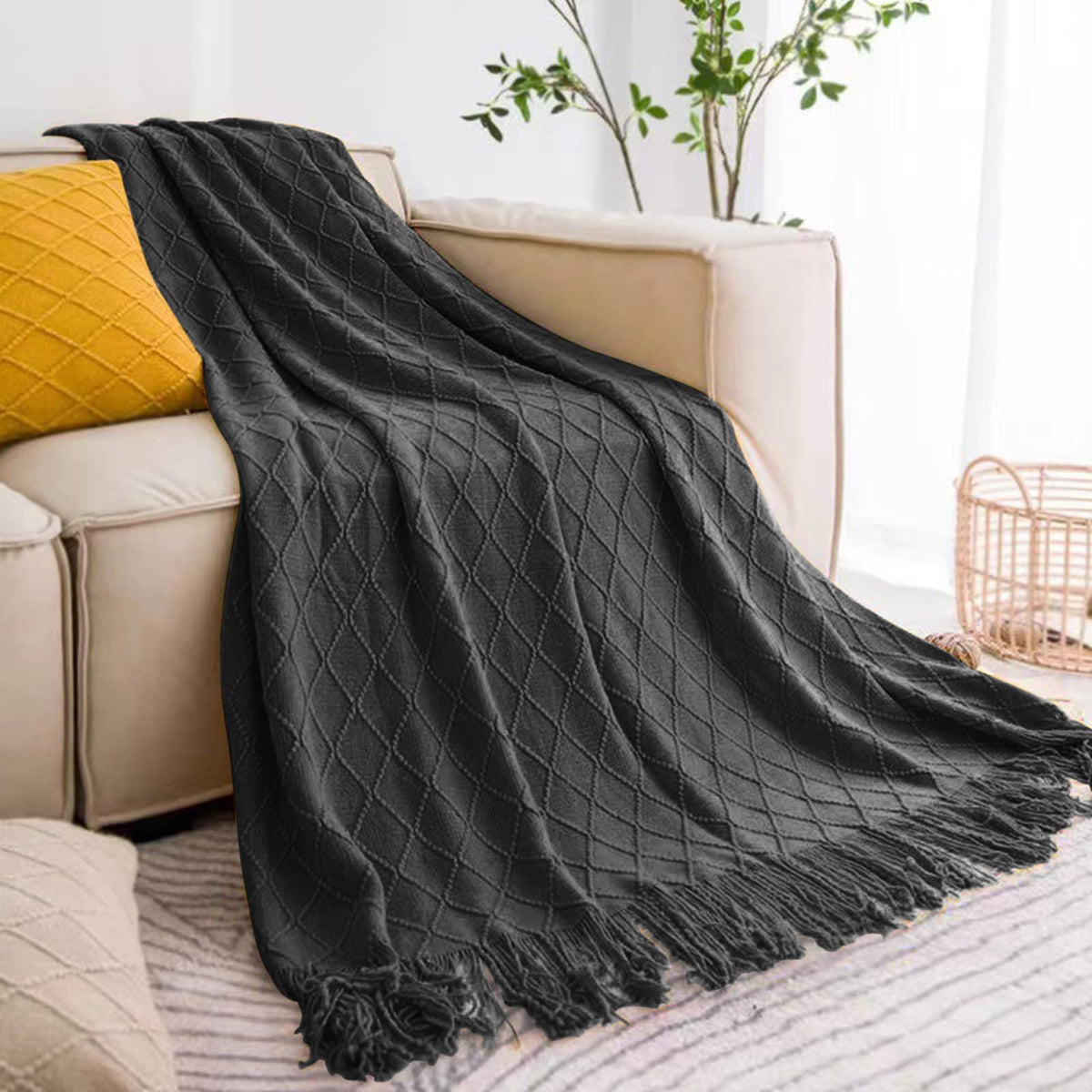 Inhand Knitted Throw Blankets For Couch And Bed, Soft Cozy Knit With Tassel, Lightweight Dark Grey Decorative, Warm Farmhouse Wo