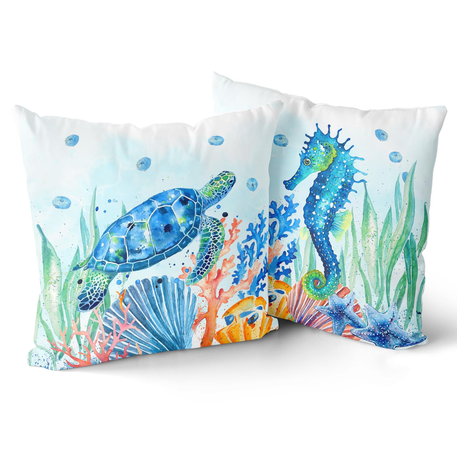 Giwawa Coastal Ocean Pillow Covers Set Of 2-18'X18' Sea Turtles Seahorse Decorative Throw Pillow Cases- Watercolor Marine Anim
