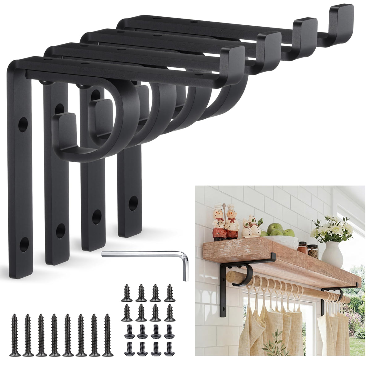 Hicarer 4 Pcs Single Shelf Brackets with Curtain Rod Holder, 8 Inch