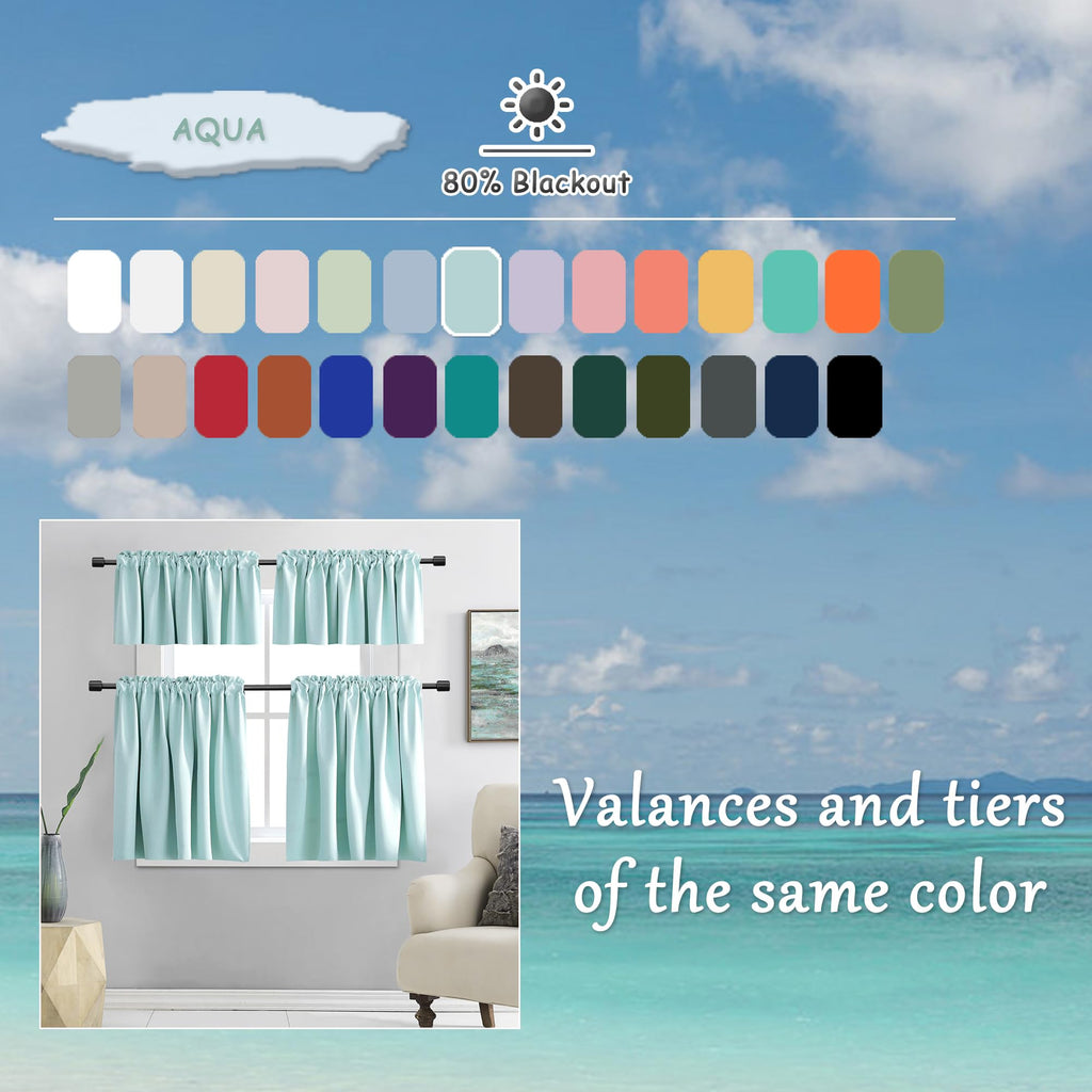 Donren 2 Panels Room Darkening Aqua Valances For Windows - Rod Pocket Kitchen Window Treatment Valances (52 Wide By 16 Inches Lo