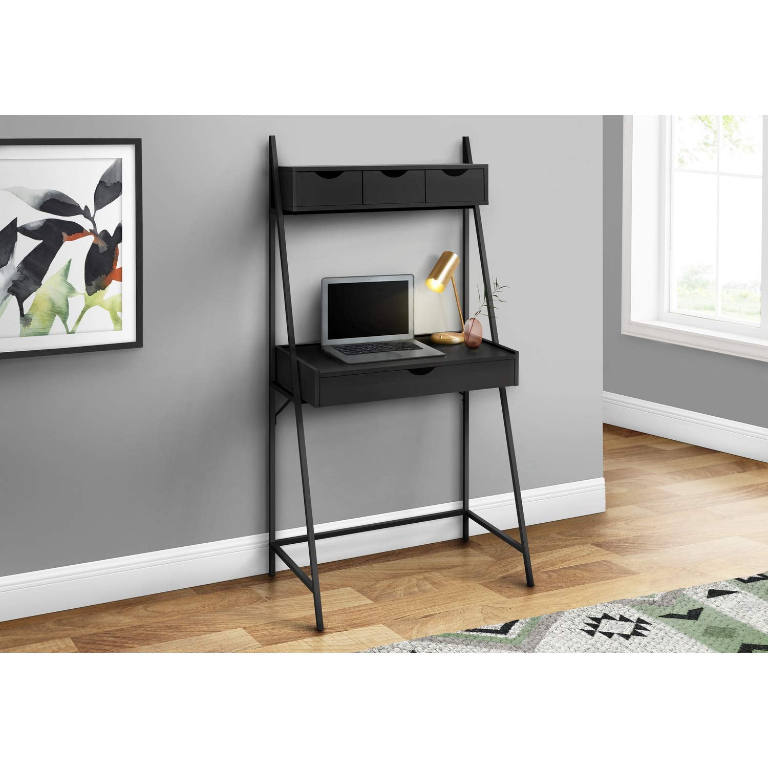 Monarch Specialties I 7330 Computer Desk, Home Office, Laptop, Leaning, Storage Drawers, 32&quot; L, Work, Metal, Laminate, Black, Contemporary, Modern