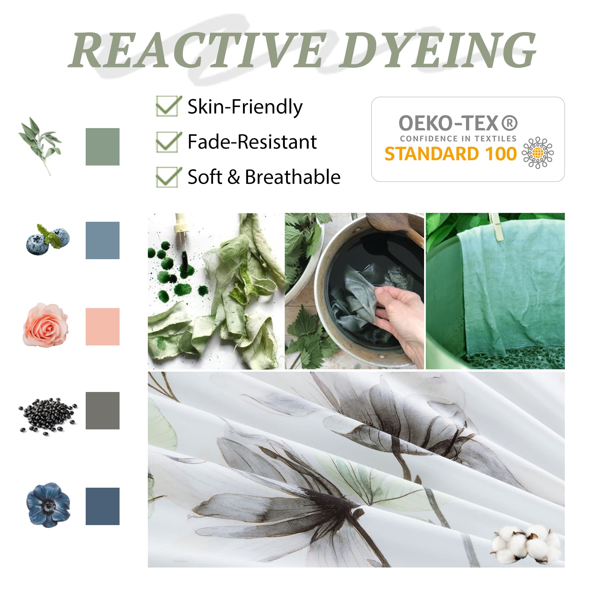 Mildly 100% Long-Staple Cotton Duvet Cover Set White Green Floral Leaves Pattern Printed Comforter Cover 3Pcs, Ultra Soft & Brea