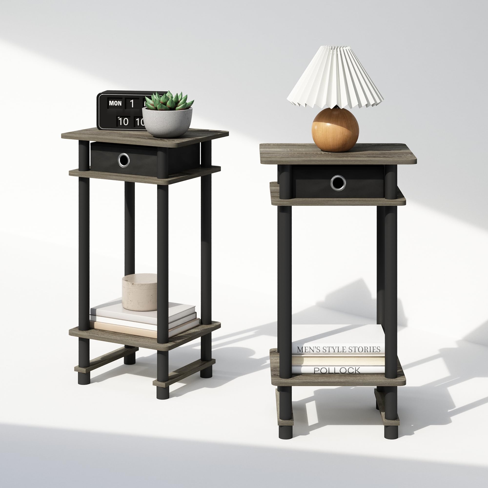 Furinno Turn-N-Tube Tall Nightstand With Bin, 2-Pack, Plastic Poles, French Oak/Black/Black