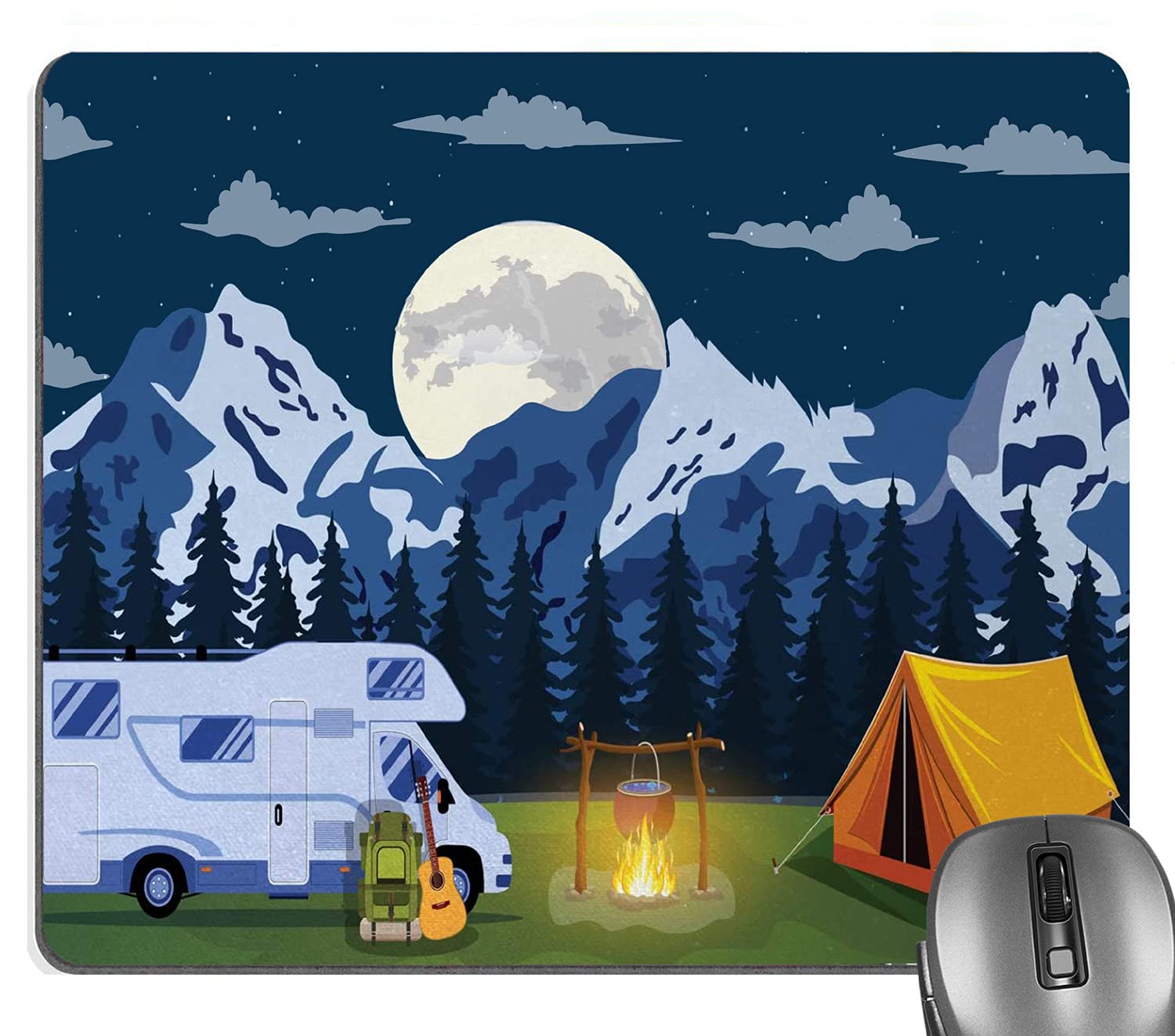 Knseva Rv Mouse Pad, Outdoors Activity Themed Camping Area Image In The Woods With A Cozy Tent And Campfire Mouse Pads